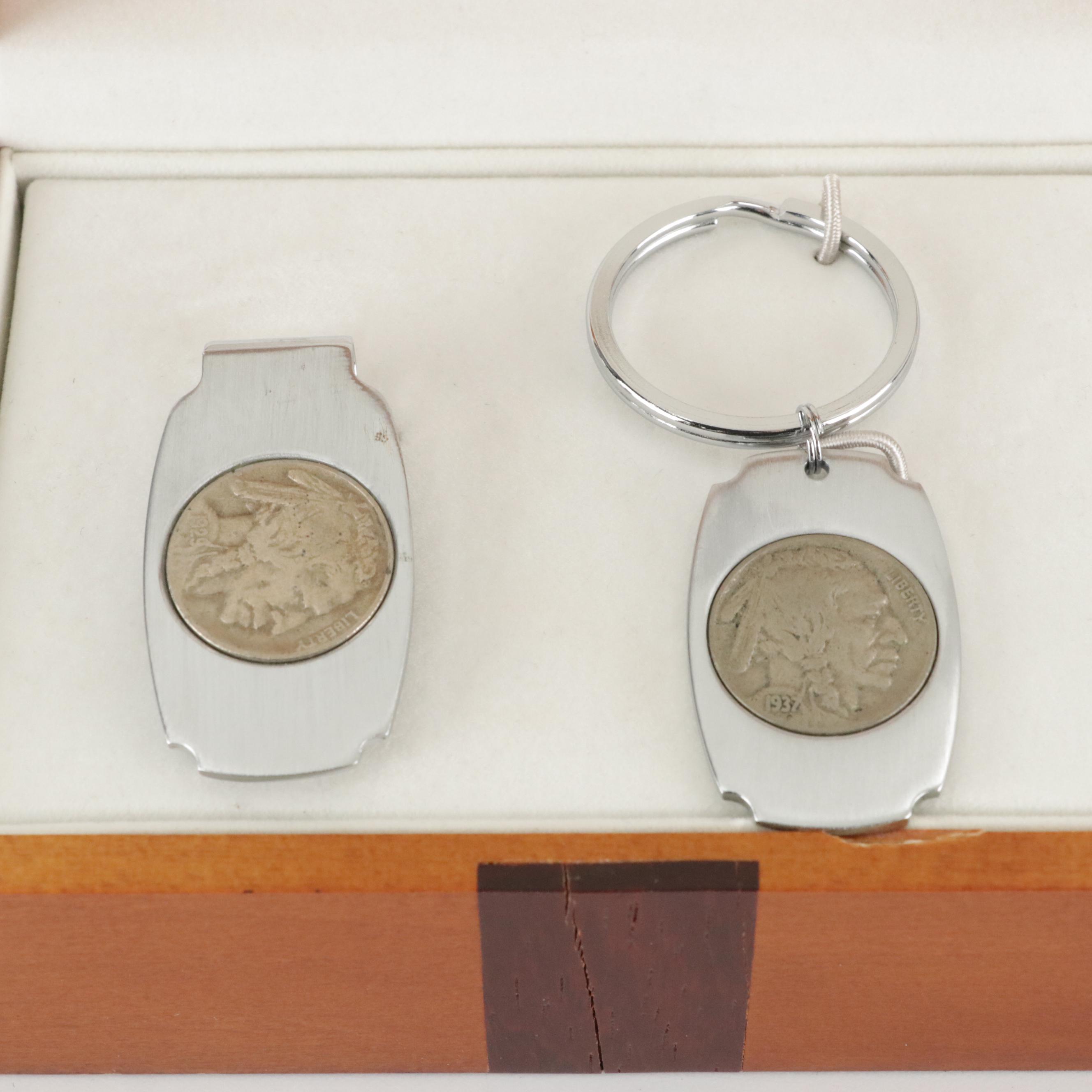 Colibri of London Buffalo Nickel 1929 Money Clip and 1937 Key Ring in Box