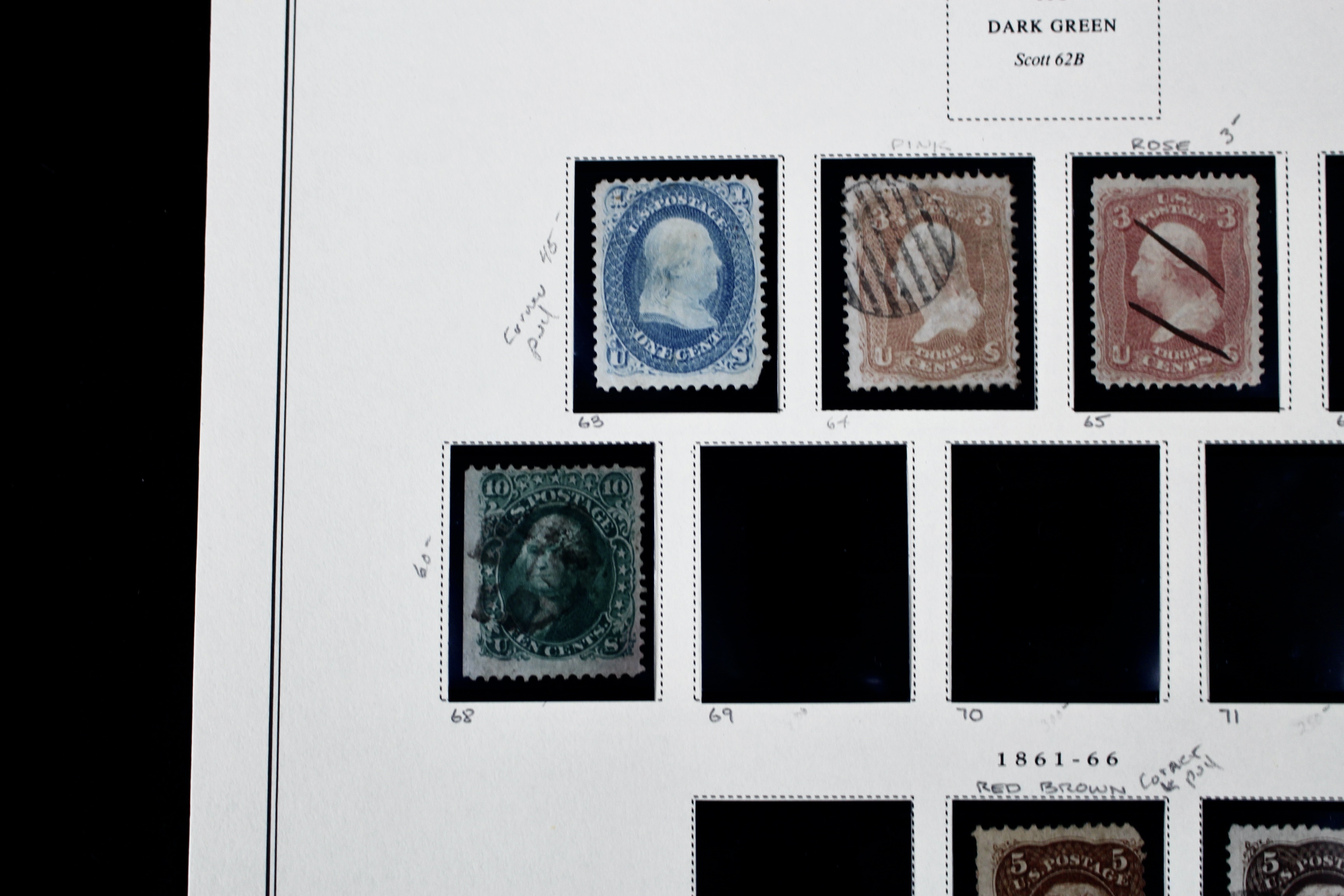 Twenty-One Early U.S. Postage Stamps, 1861 to 1871