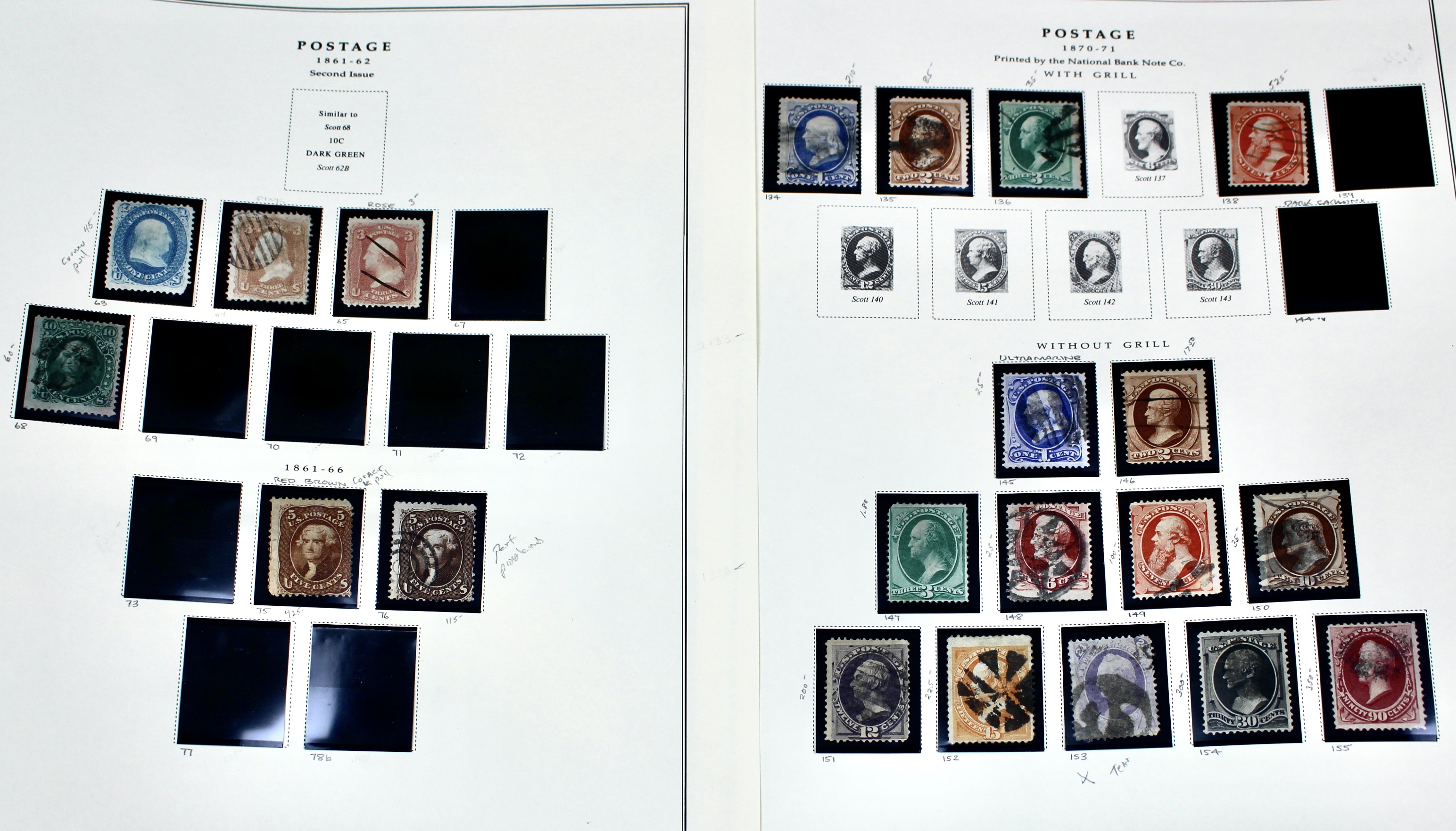 Twenty-One Early U.S. Postage Stamps, 1861 to 1871