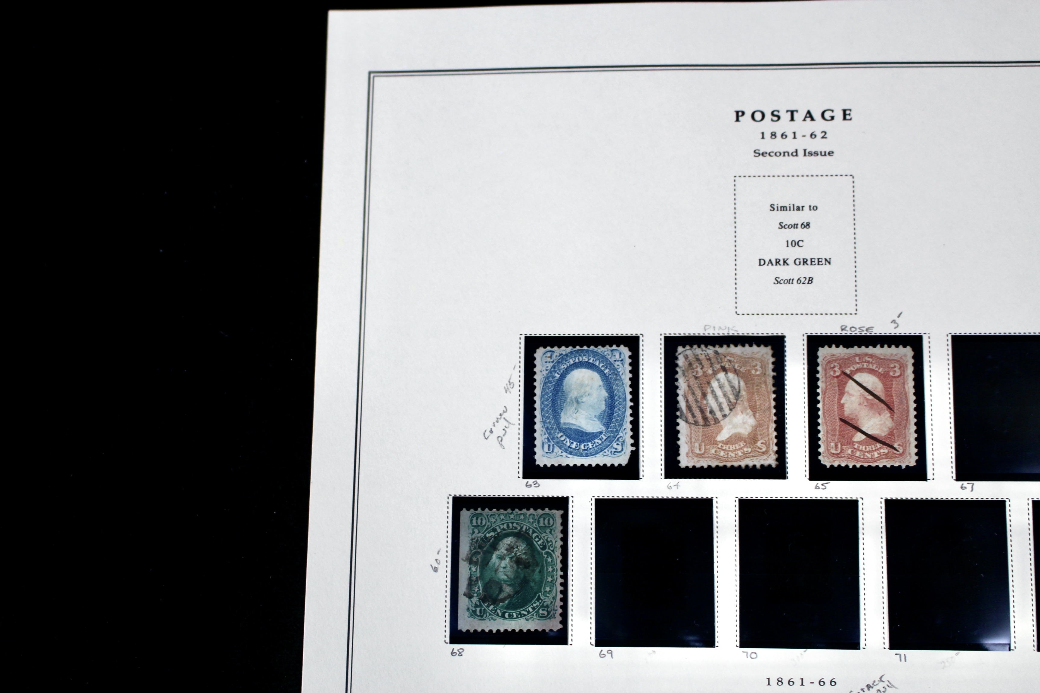 Twenty-One Early U.S. Postage Stamps, 1861 to 1871