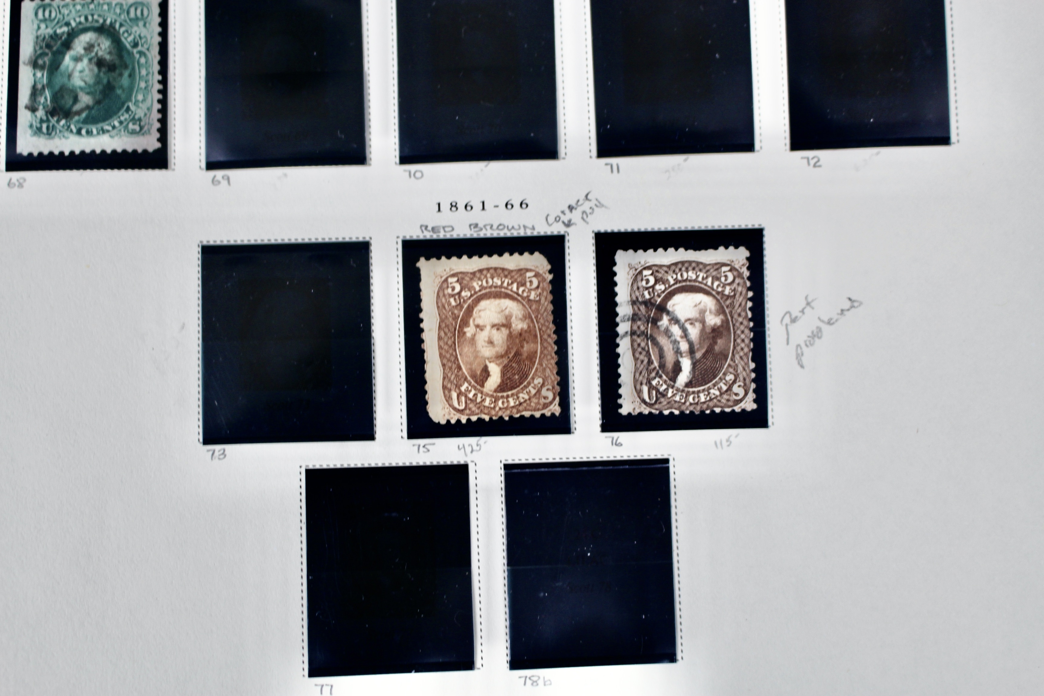 Twenty-One Early U.S. Postage Stamps, 1861 to 1871