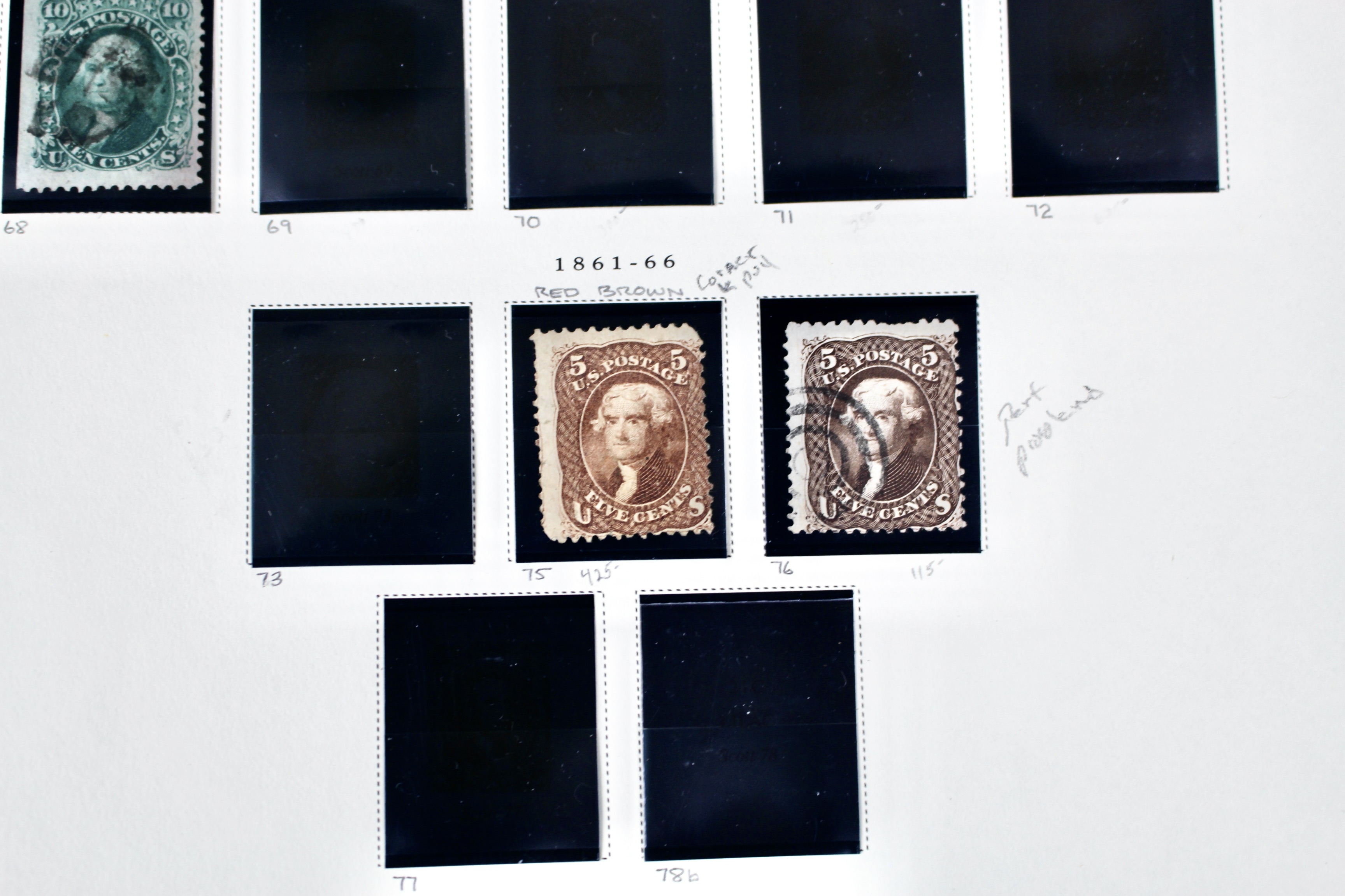 Twenty-One Early U.S. Postage Stamps, 1861 to 1871