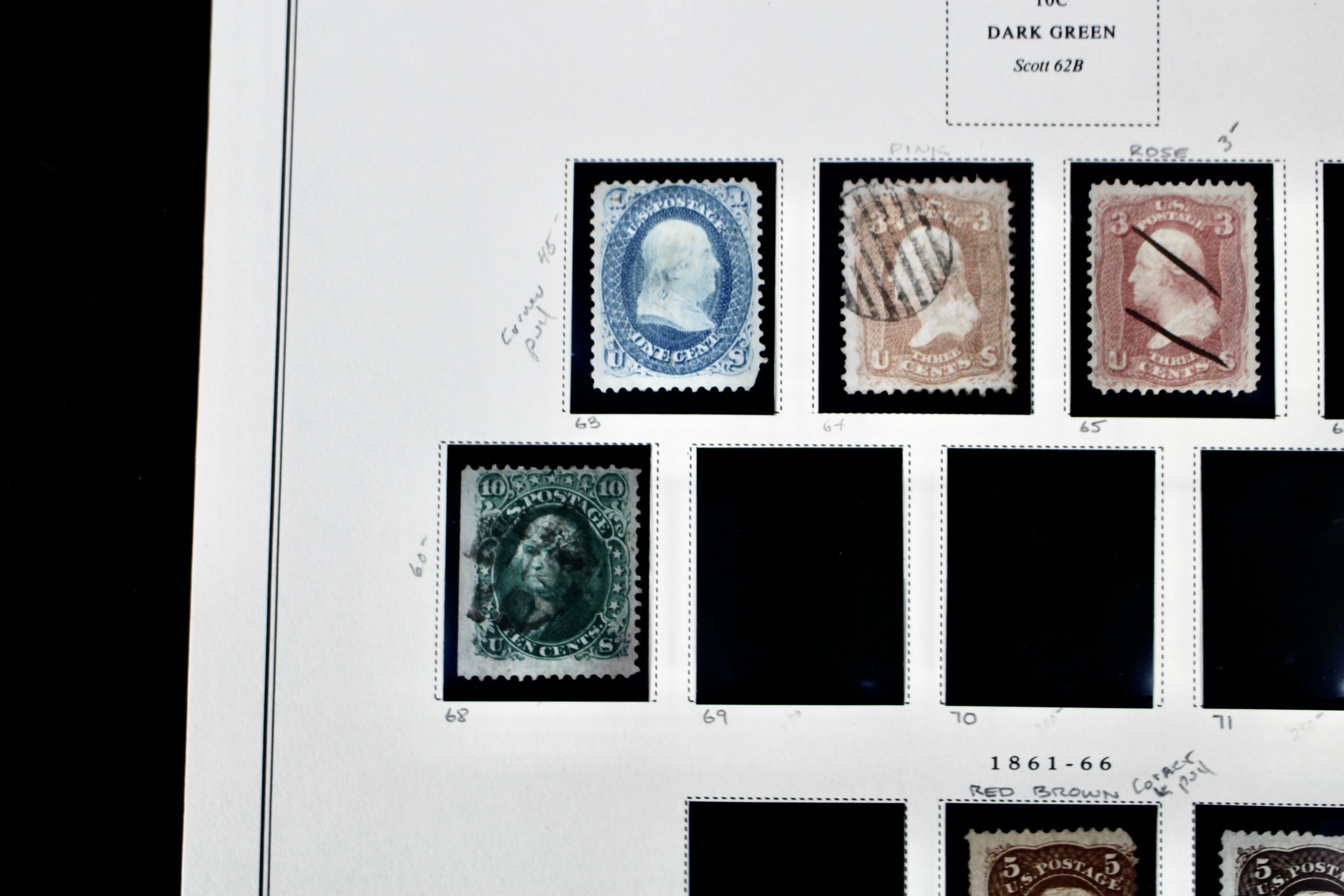 Twenty-One Early U.S. Postage Stamps, 1861 to 1871