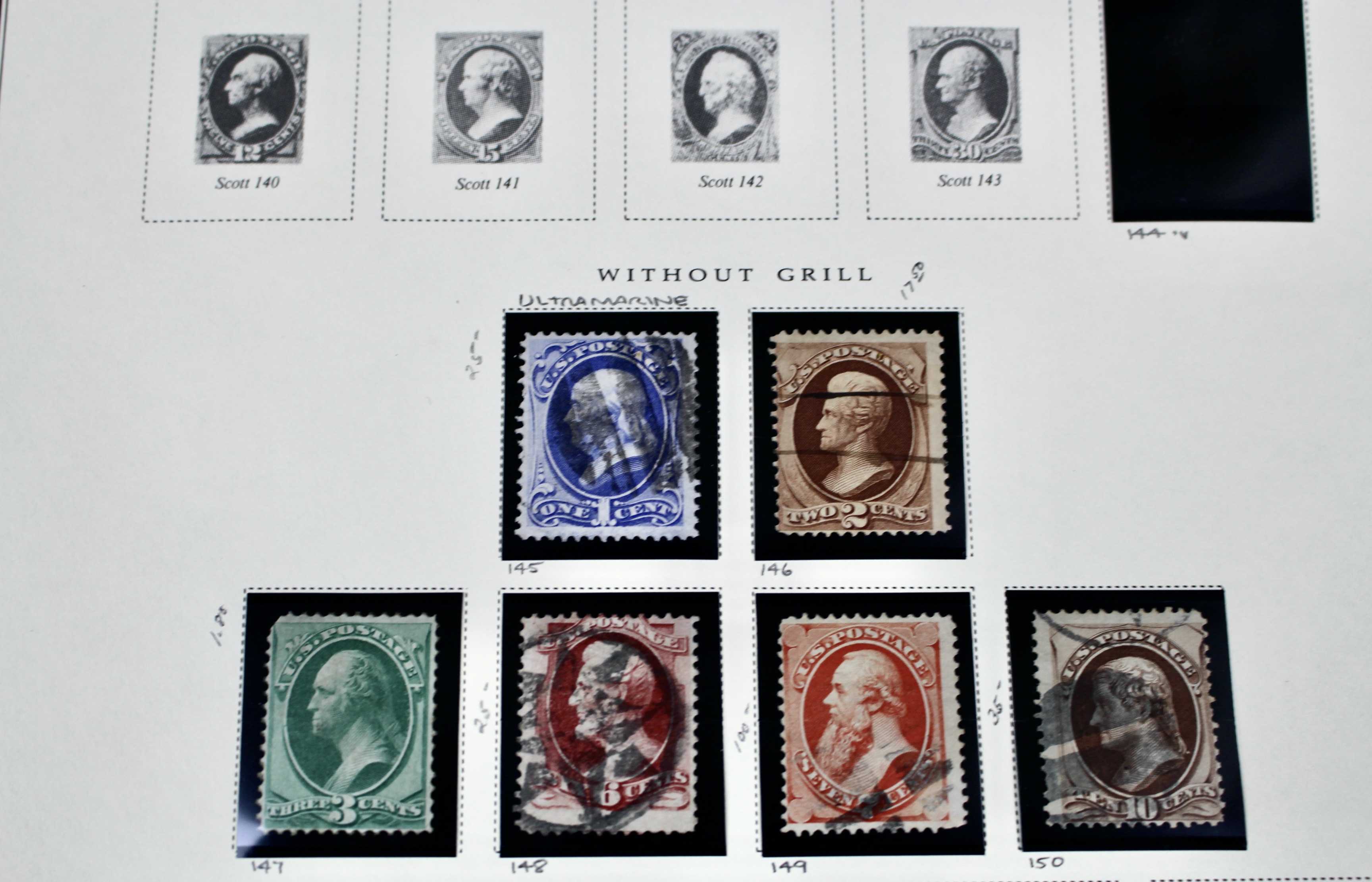 Twenty-One Early U.S. Postage Stamps, 1861 to 1871