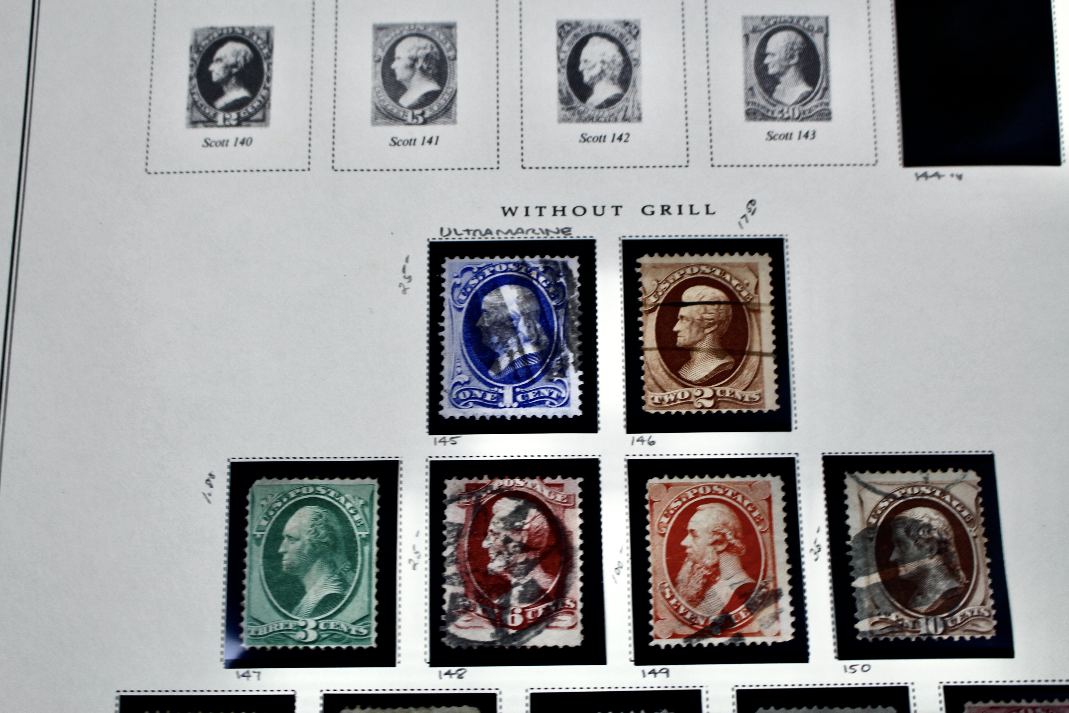 Twenty-One Early U.S. Postage Stamps, 1861 to 1871