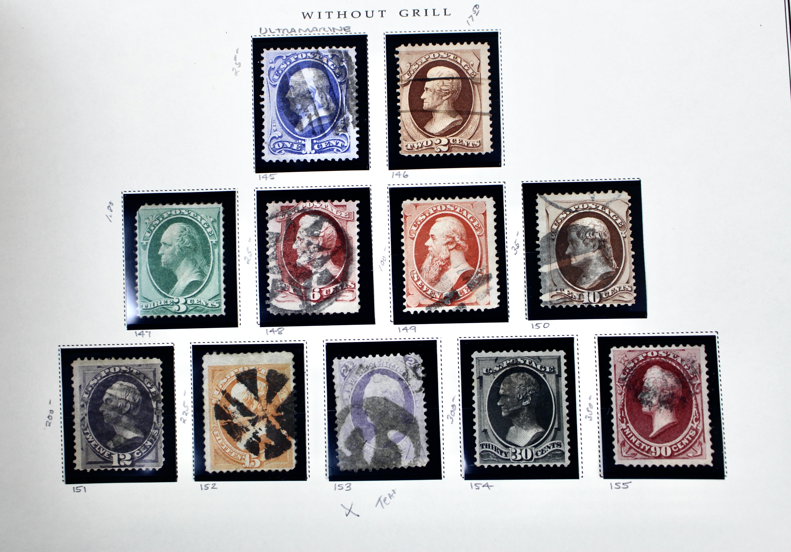 Twenty-One Early U.S. Postage Stamps, 1861 to 1871