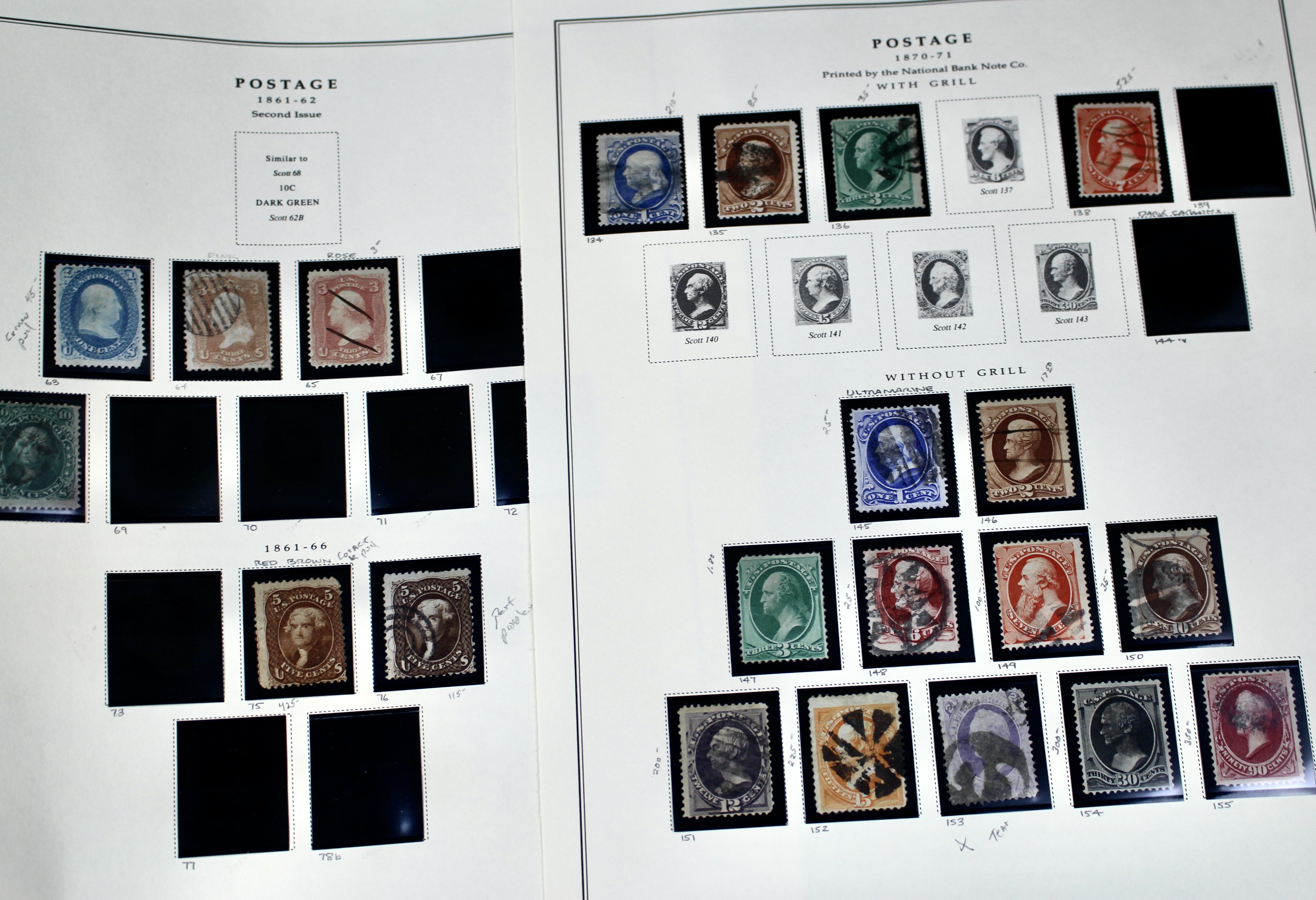 Twenty-One Early U.S. Postage Stamps, 1861 to 1871