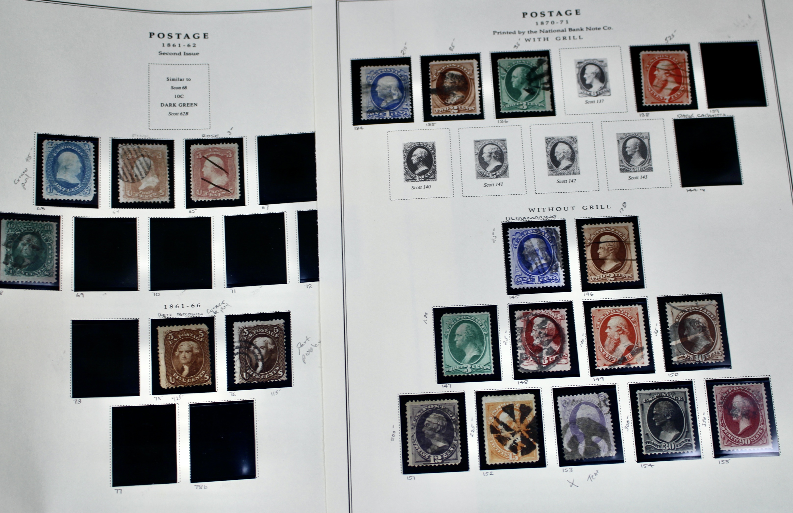 Twenty-One Early U.S. Postage Stamps, 1861 to 1871