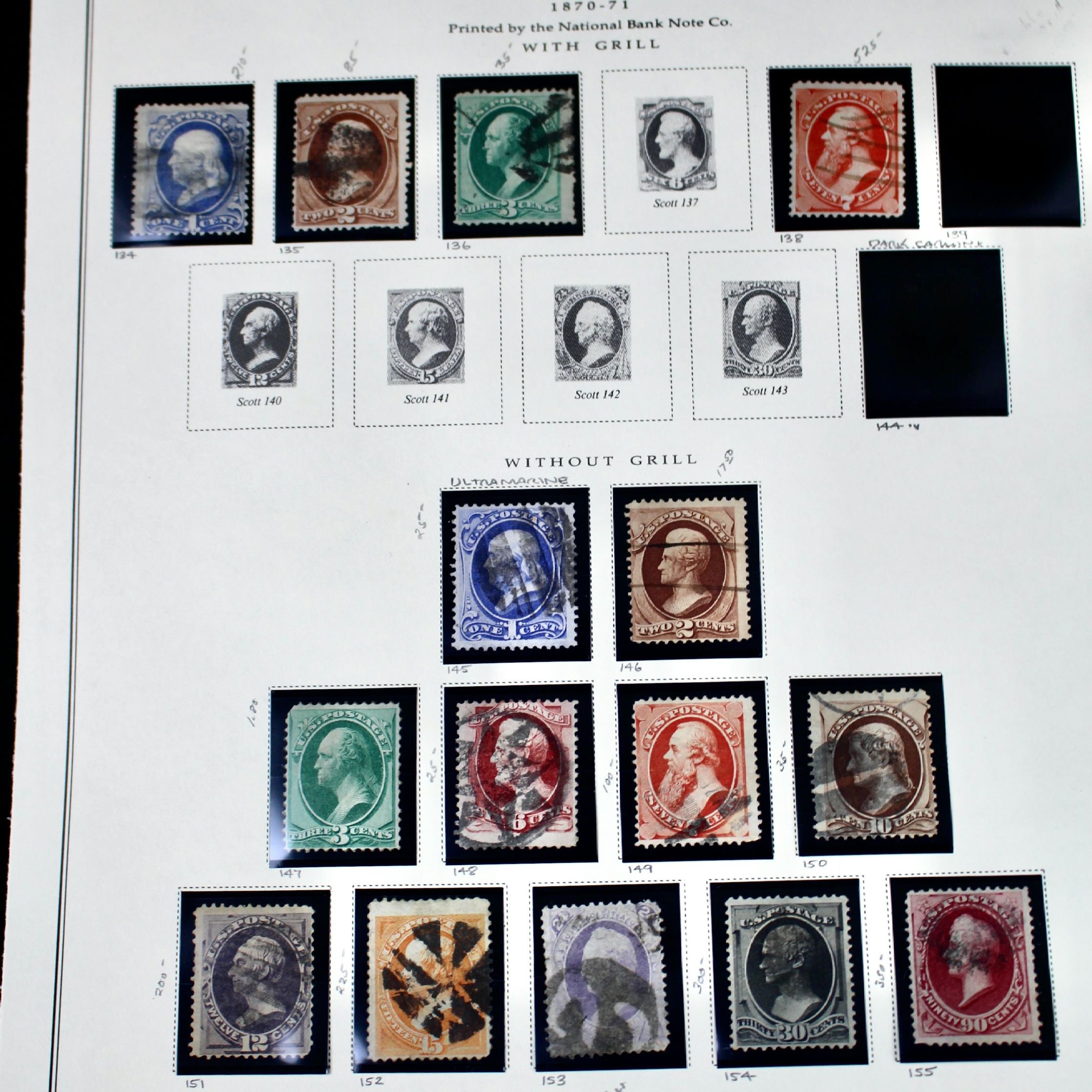 Twenty-One Early U.S. Postage Stamps, 1861 to 1871