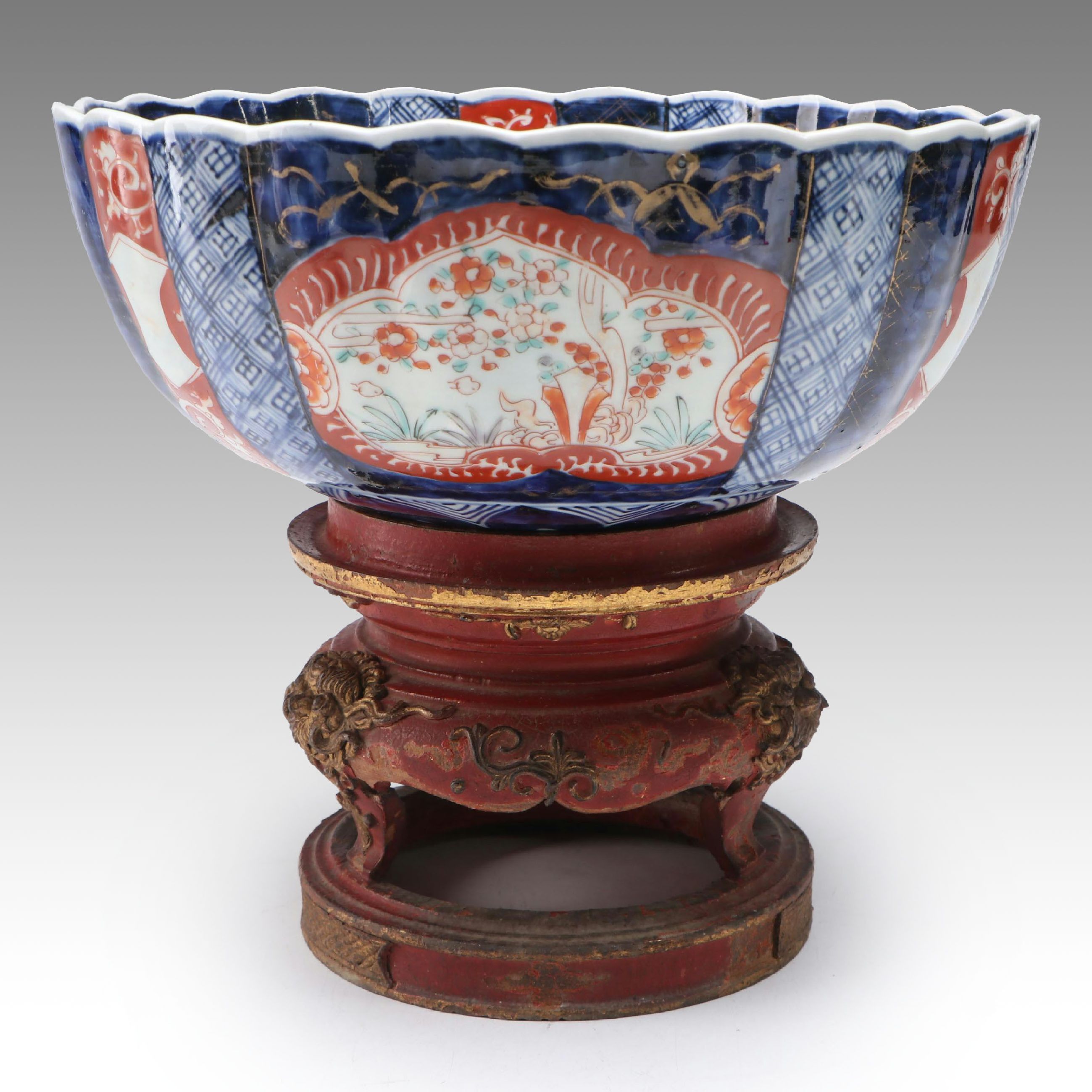 Japanese Imari Porcelain Decorative Bowl on Ornate Wood Base