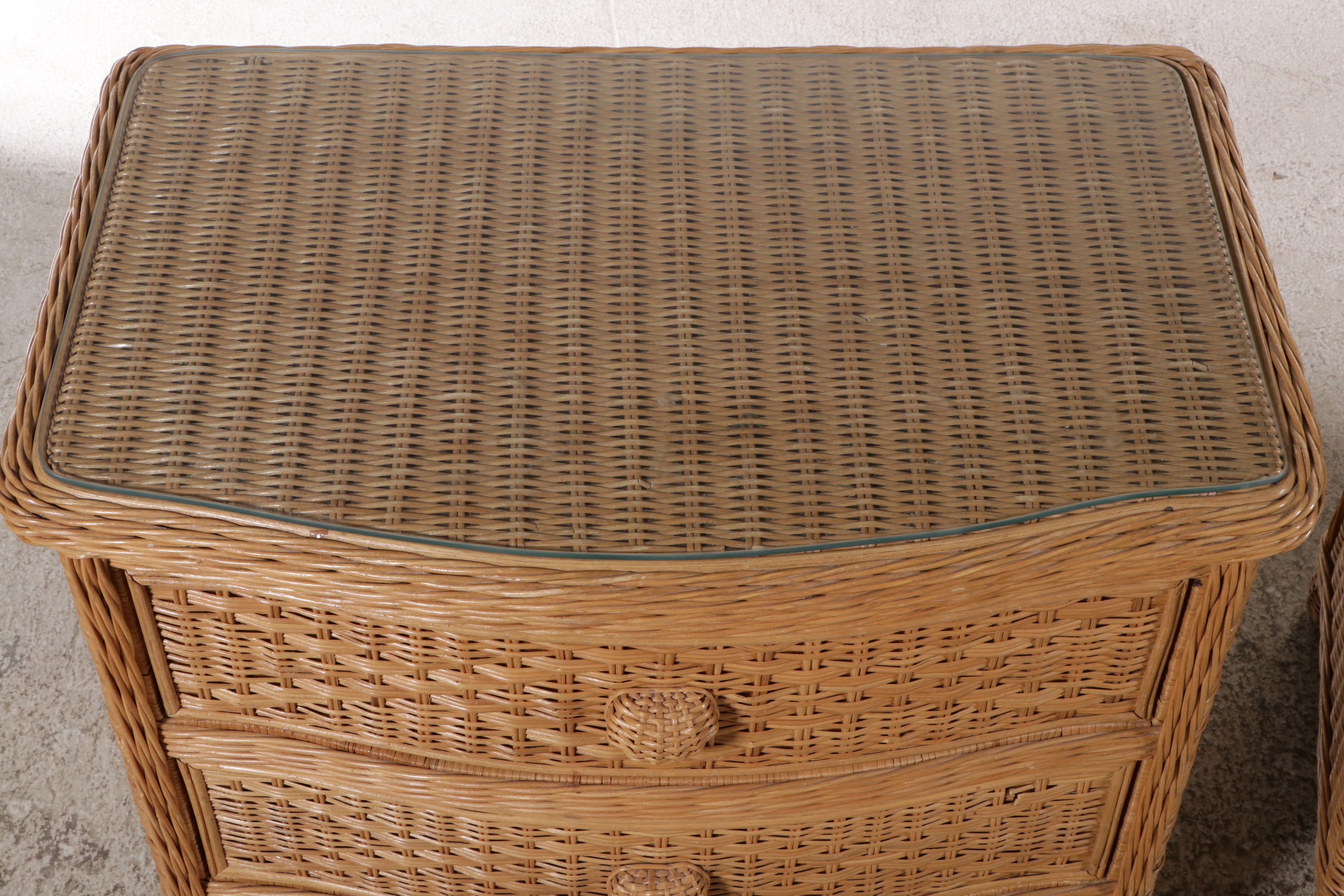 Pair of Natural Wicker Three-Drawer Nightstands with Glass Tops