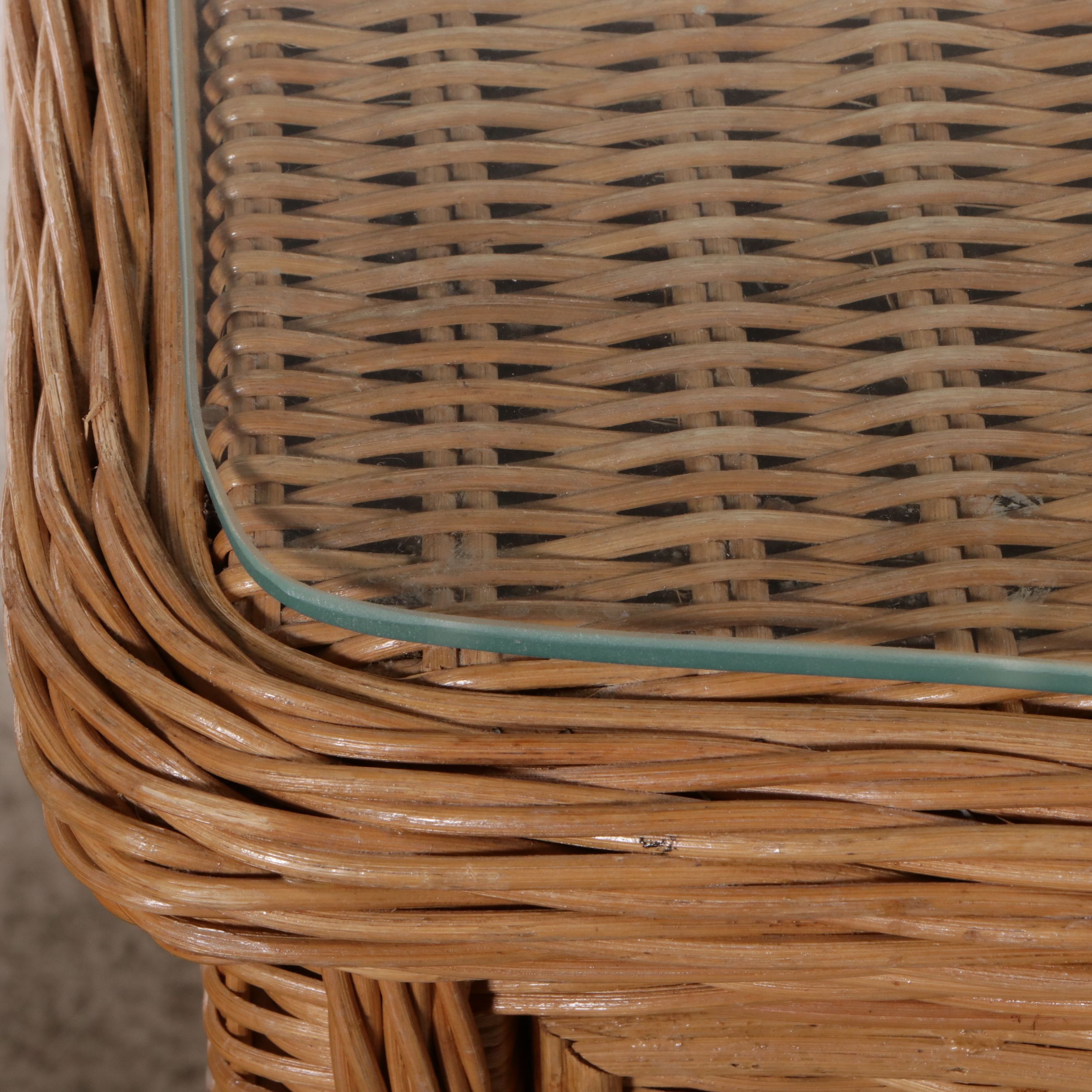 Pair of Natural Wicker Three-Drawer Nightstands with Glass Tops