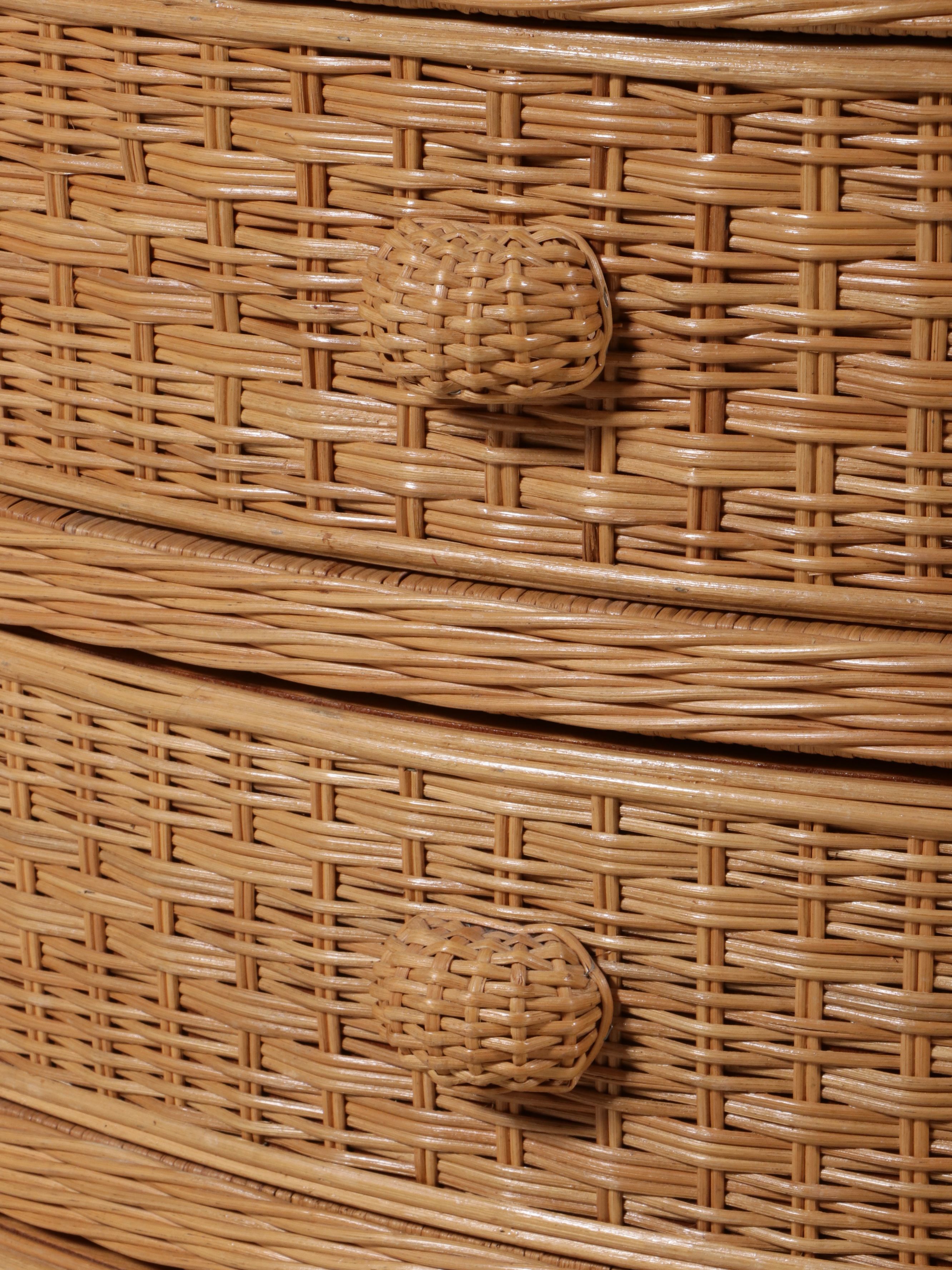 Pair of Natural Wicker Three-Drawer Nightstands with Glass Tops