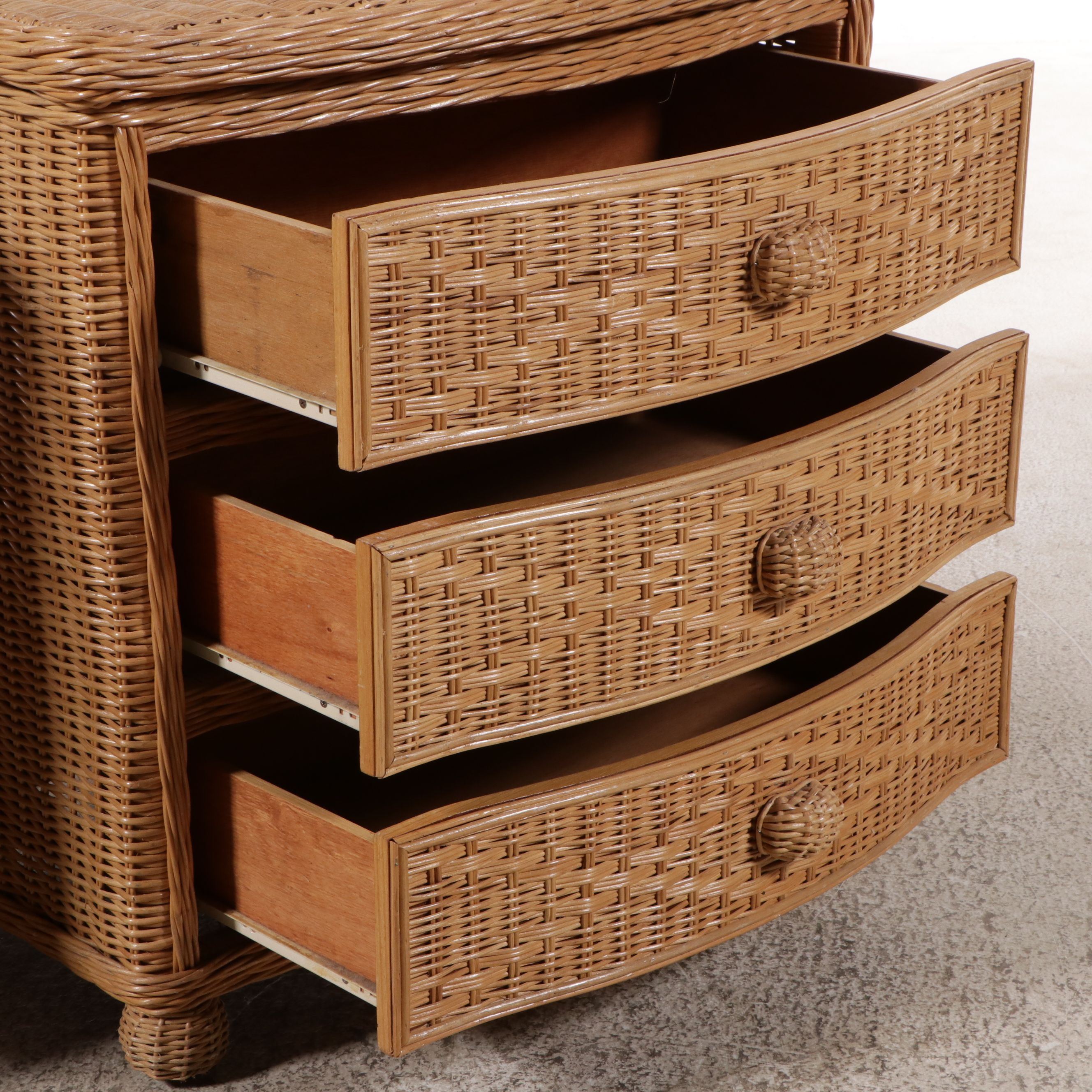 Pair of Natural Wicker Three-Drawer Nightstands with Glass Tops
