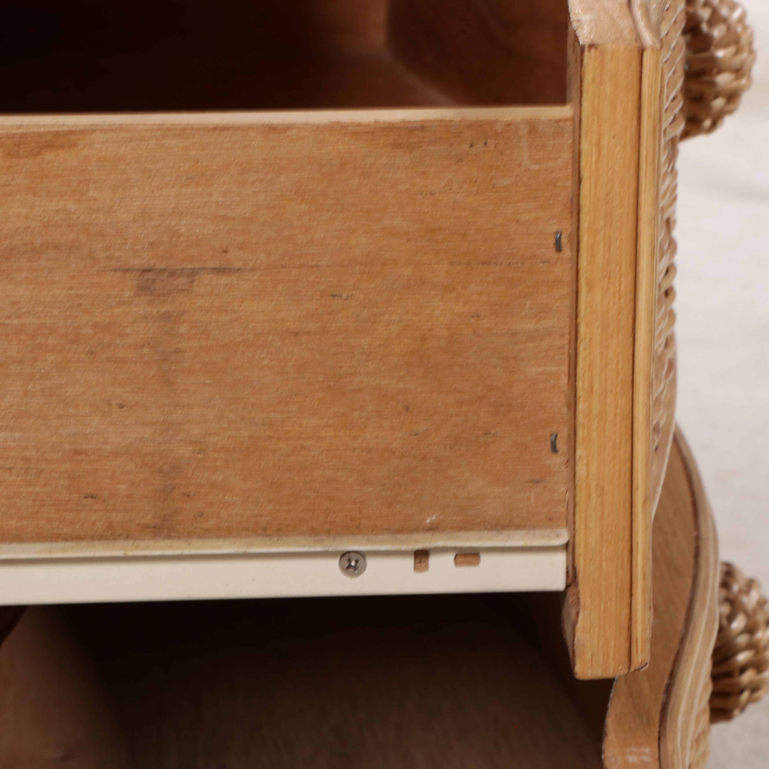 Pair of Natural Wicker Three-Drawer Nightstands with Glass Tops
