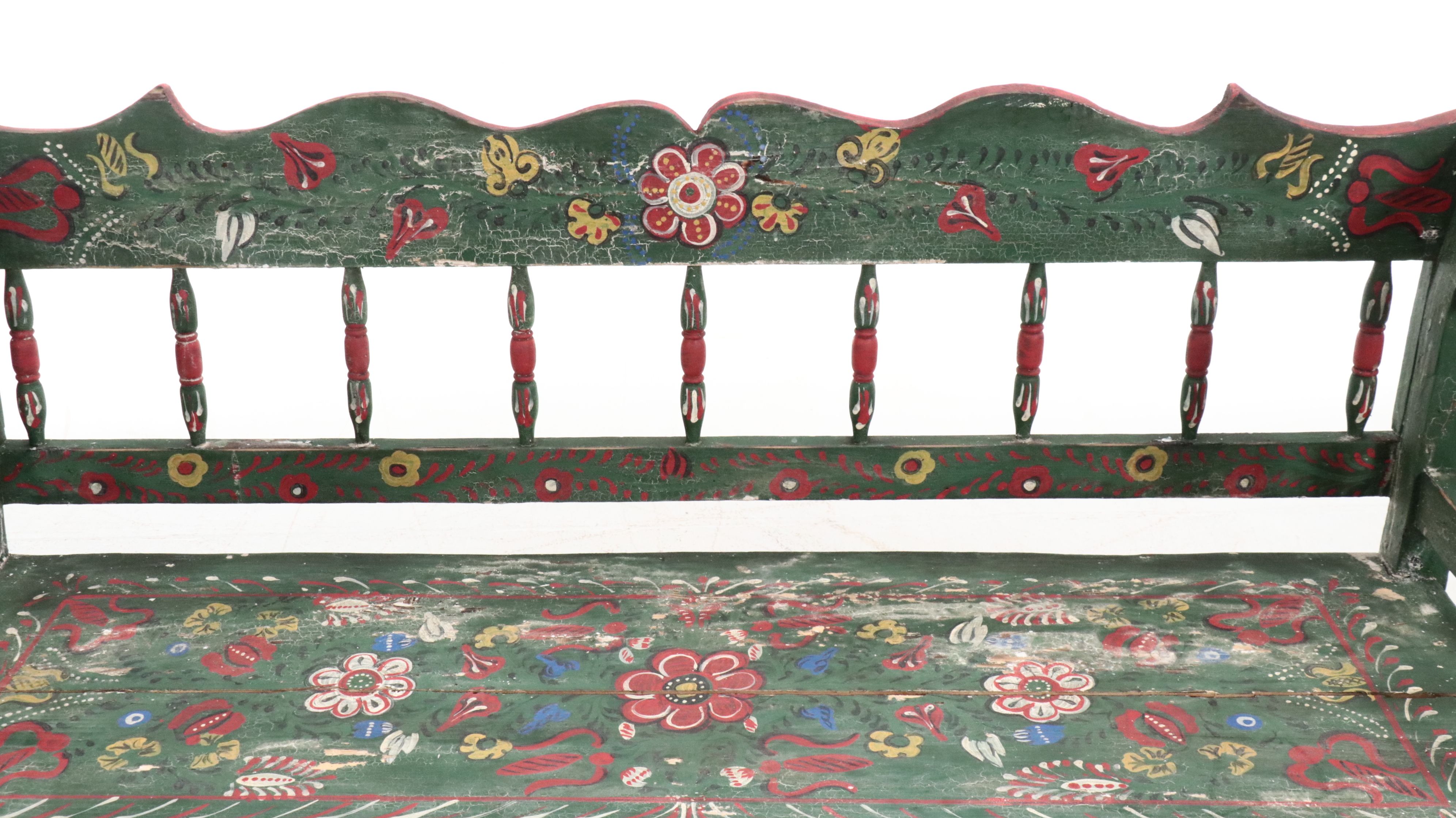 Folk Art Style Painted Wooden Bench