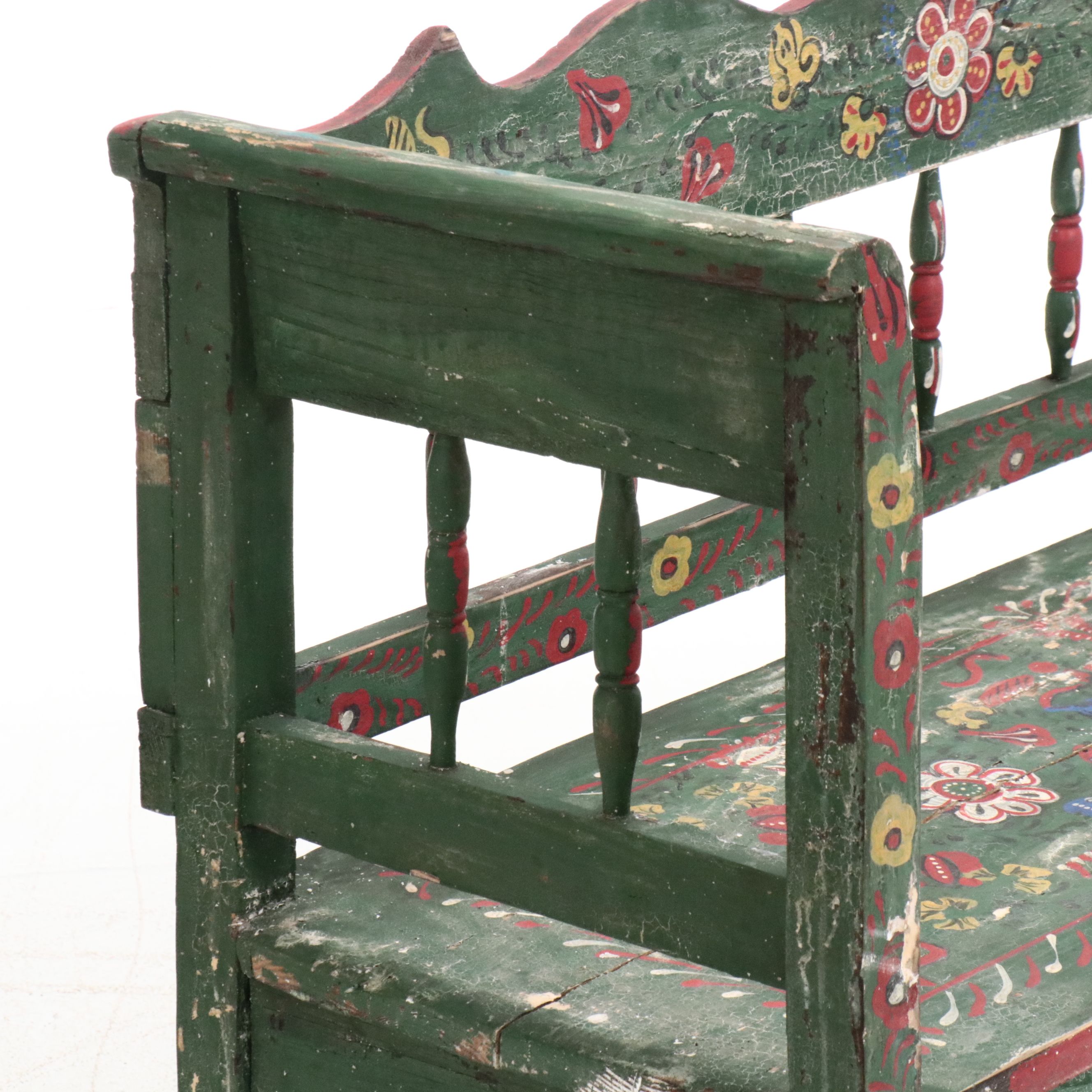 Folk Art Style Painted Wooden Bench