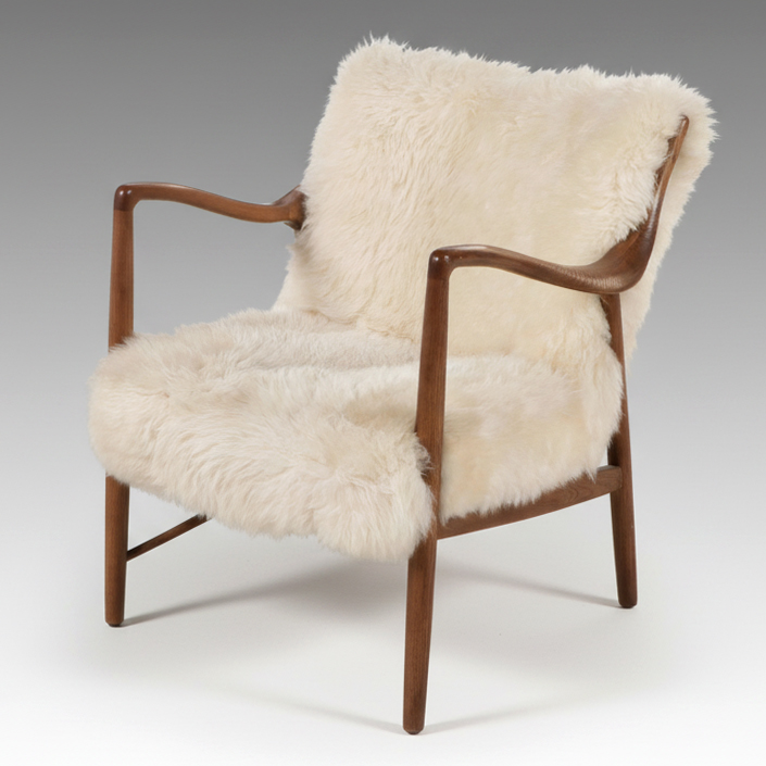 Danish Modern Style Mahogany Armchair with Sheepskin Cover