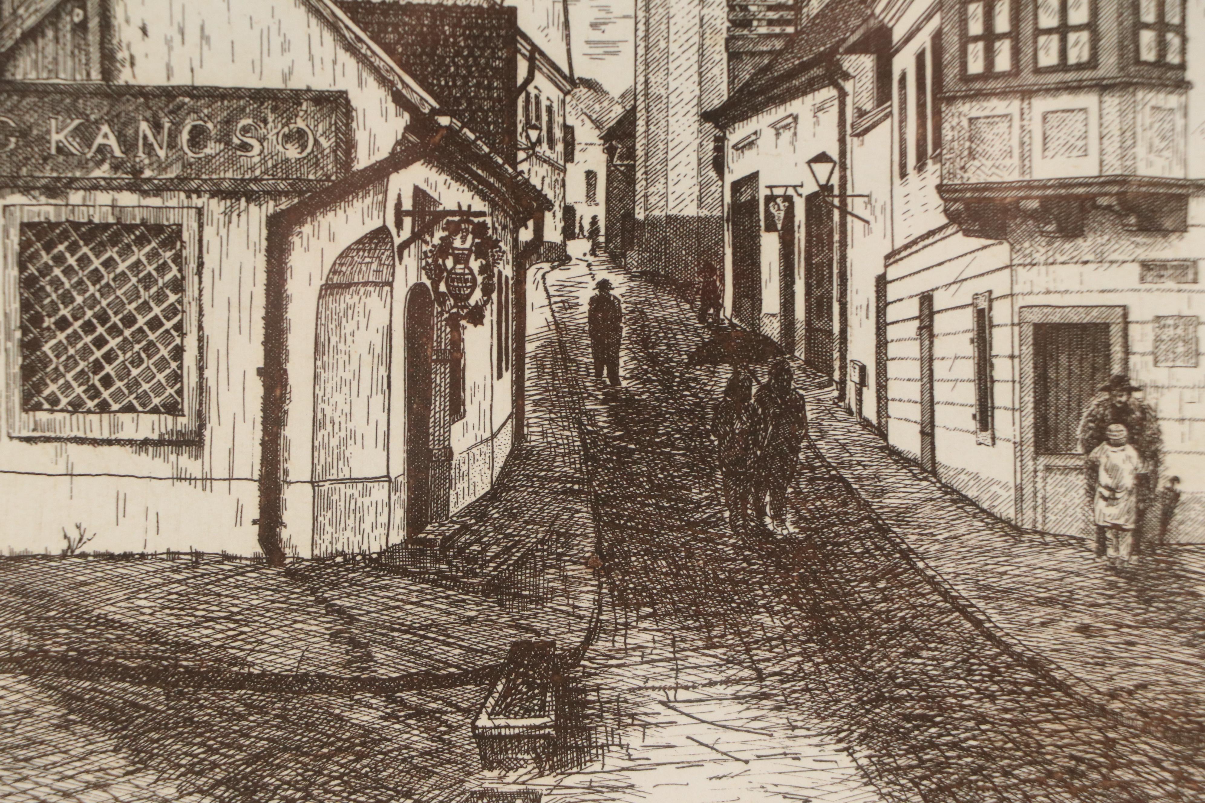 Imre Bukta Street Scene Etching "Szentendre"