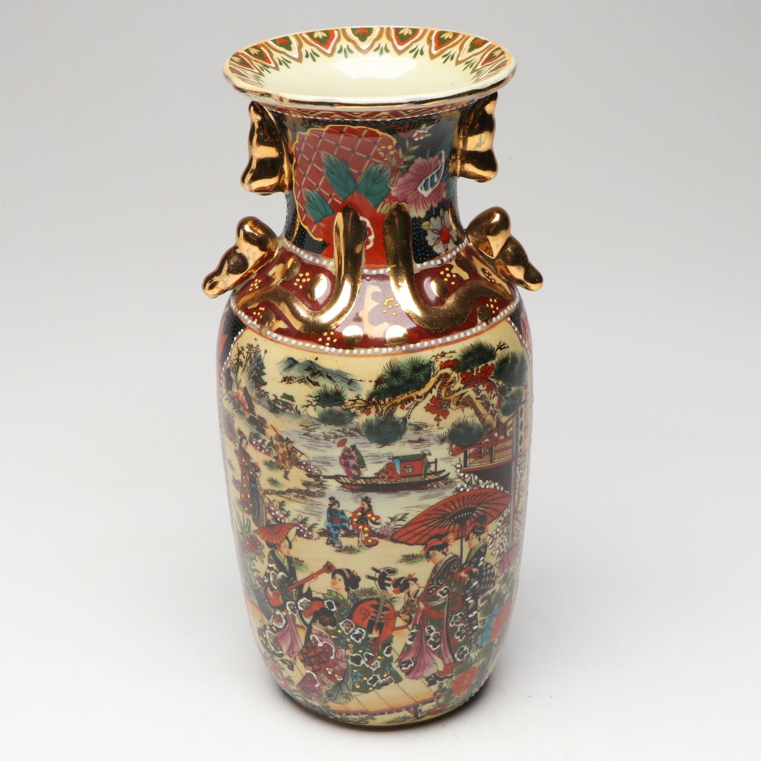 Meiji Period Hand-Painted Satsuma Moriage Garden Scene Ceramic Vase