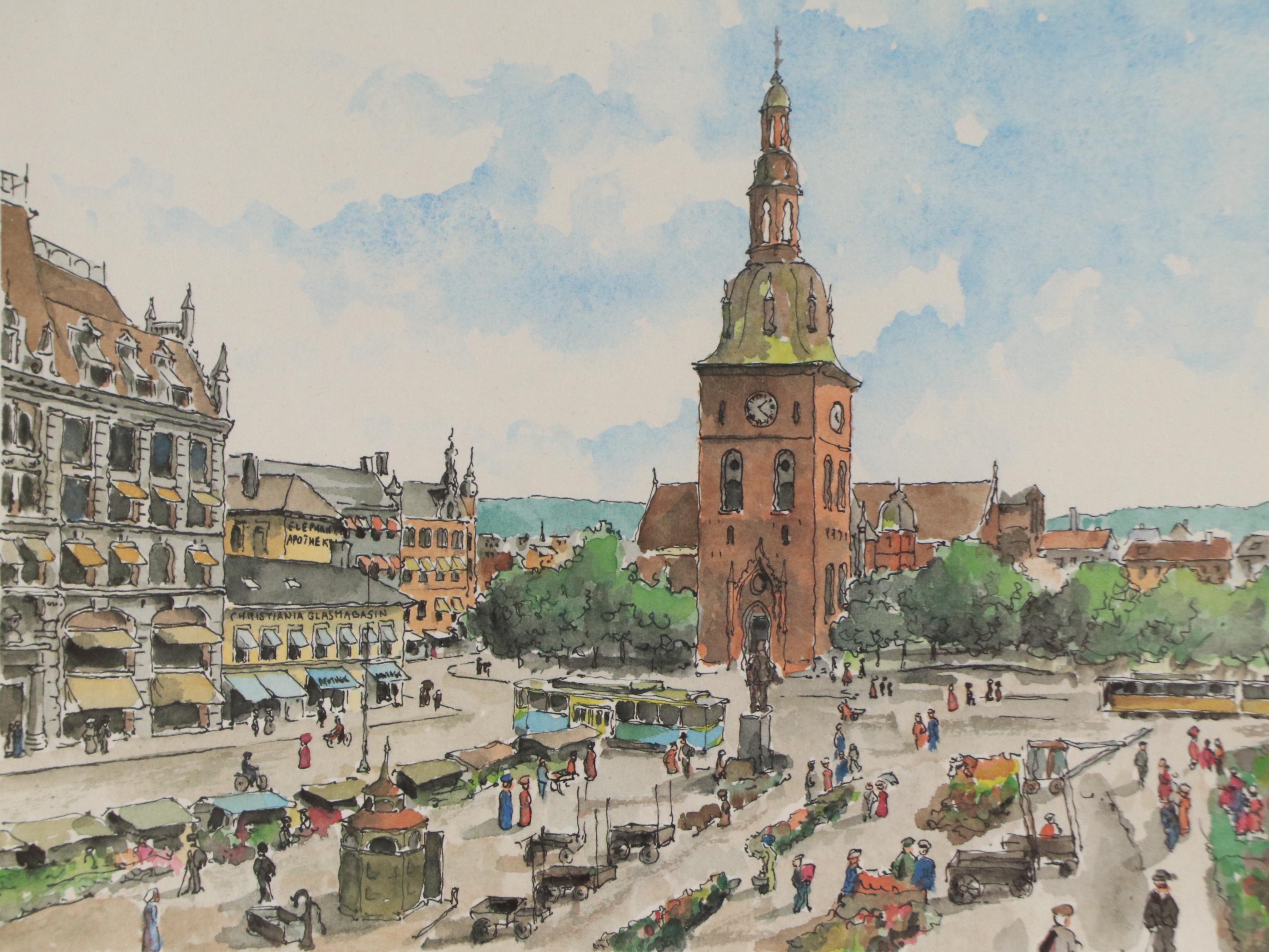Norwegian City Plaza Scene Offset Lithograph "Stortorvet"
