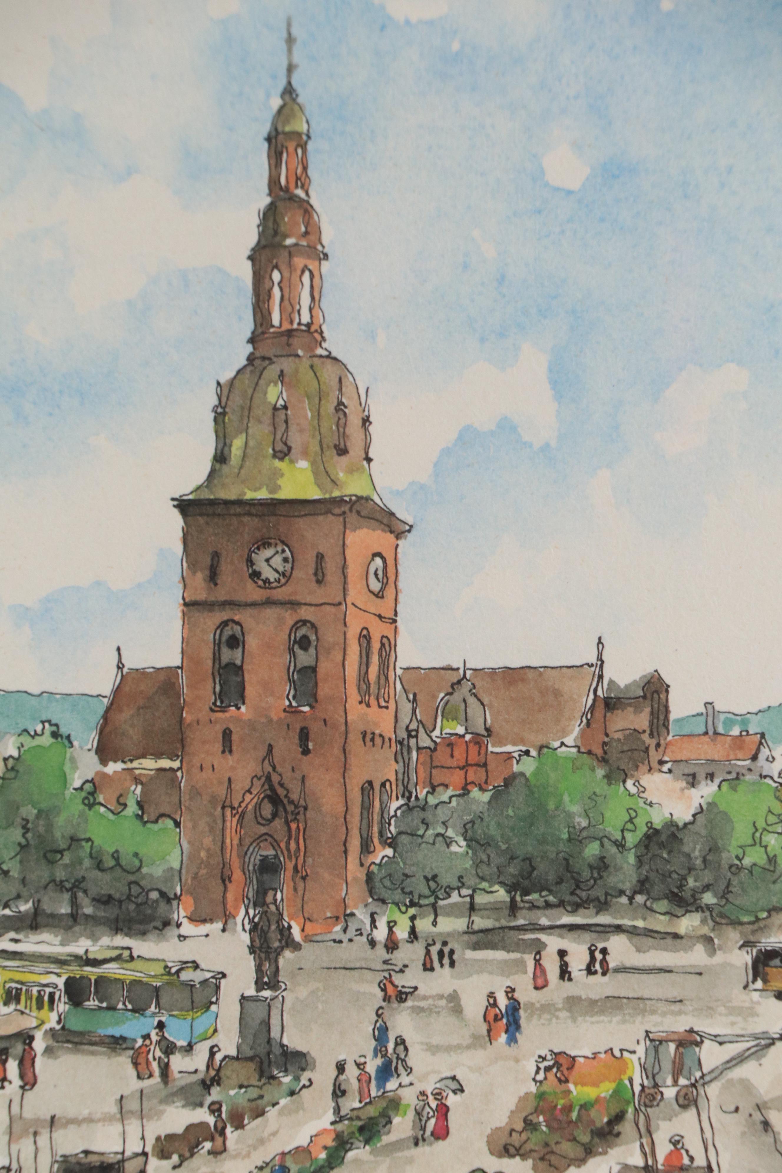 Norwegian City Plaza Scene Offset Lithograph "Stortorvet"