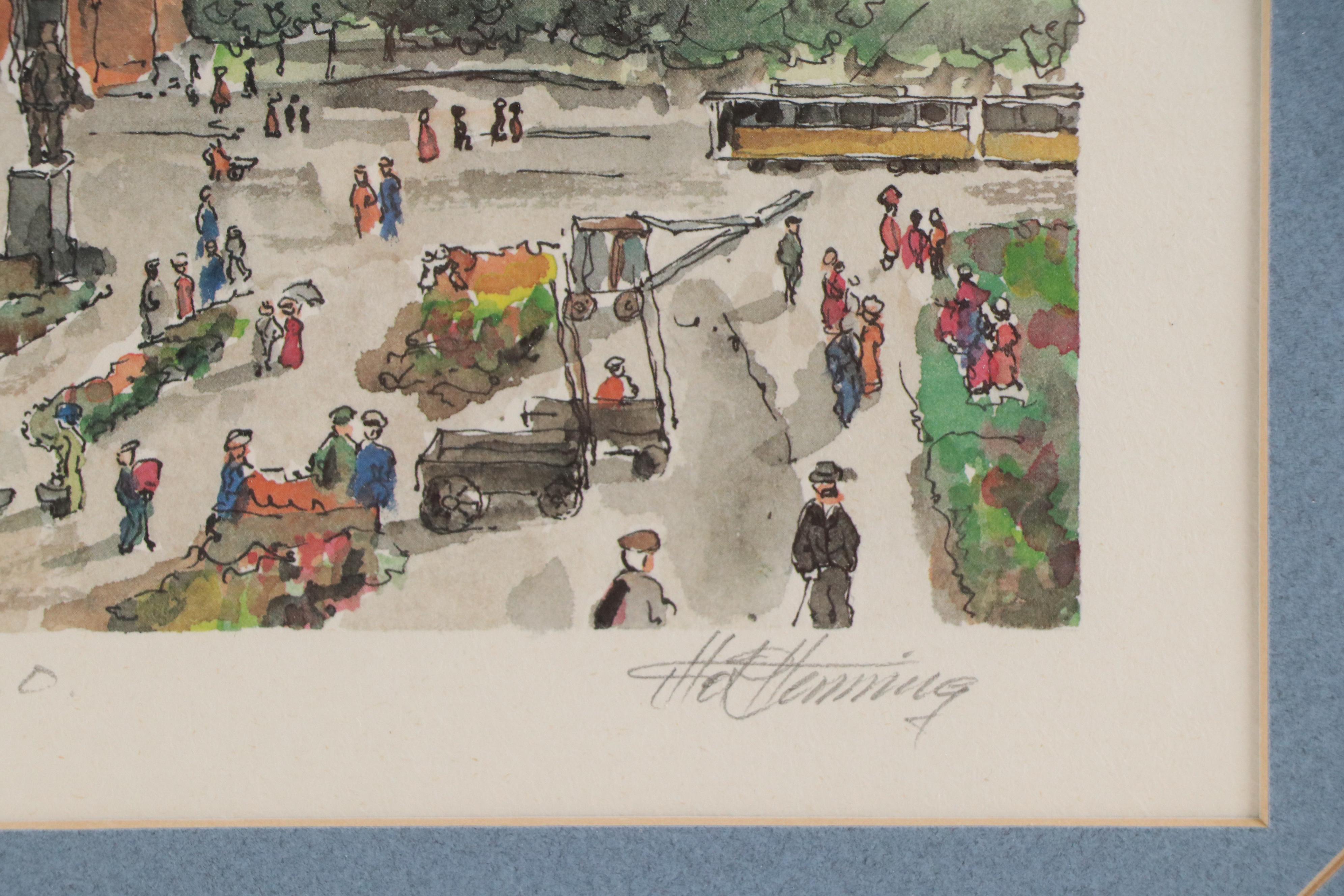 Norwegian City Plaza Scene Offset Lithograph "Stortorvet"