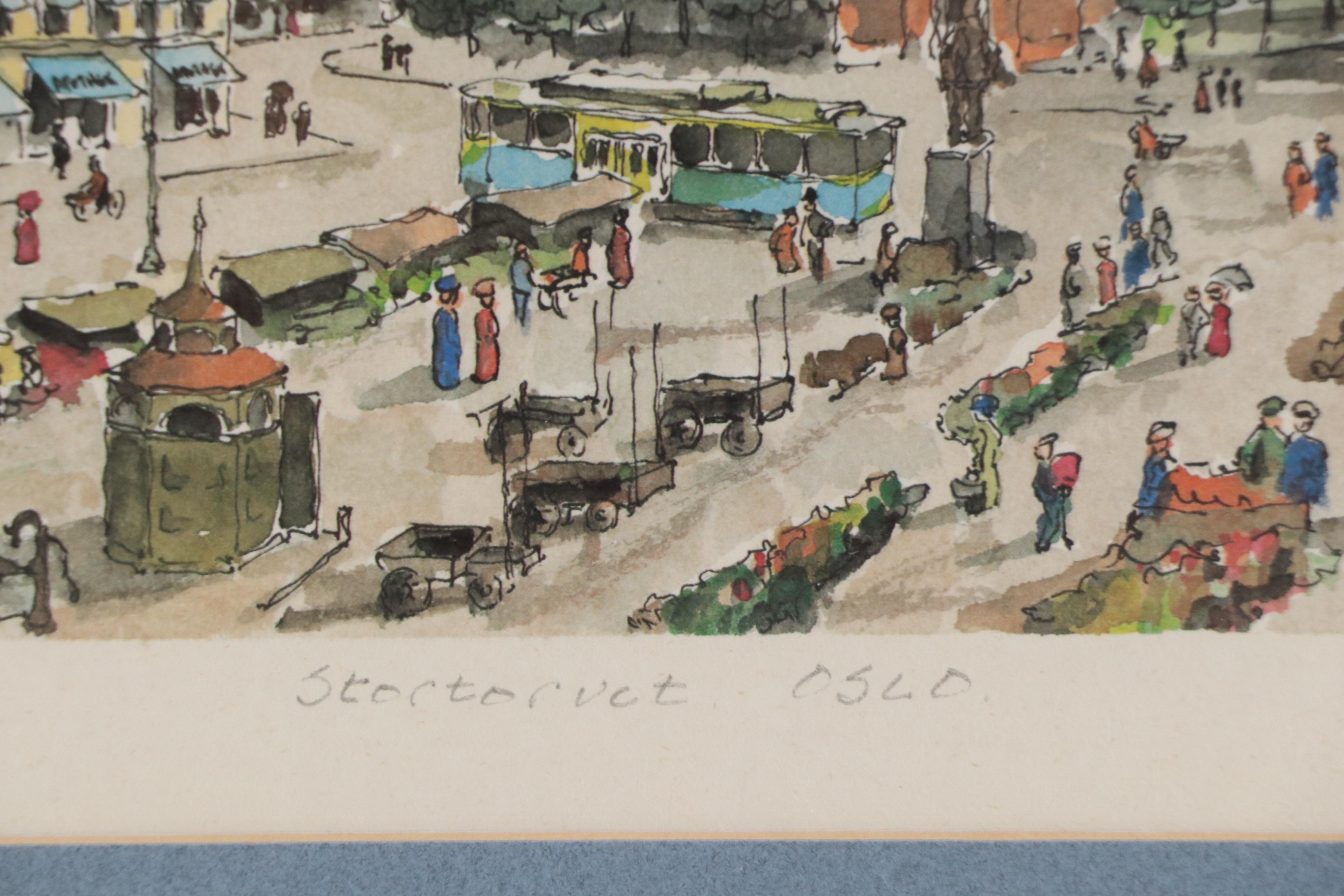 Norwegian City Plaza Scene Offset Lithograph "Stortorvet"