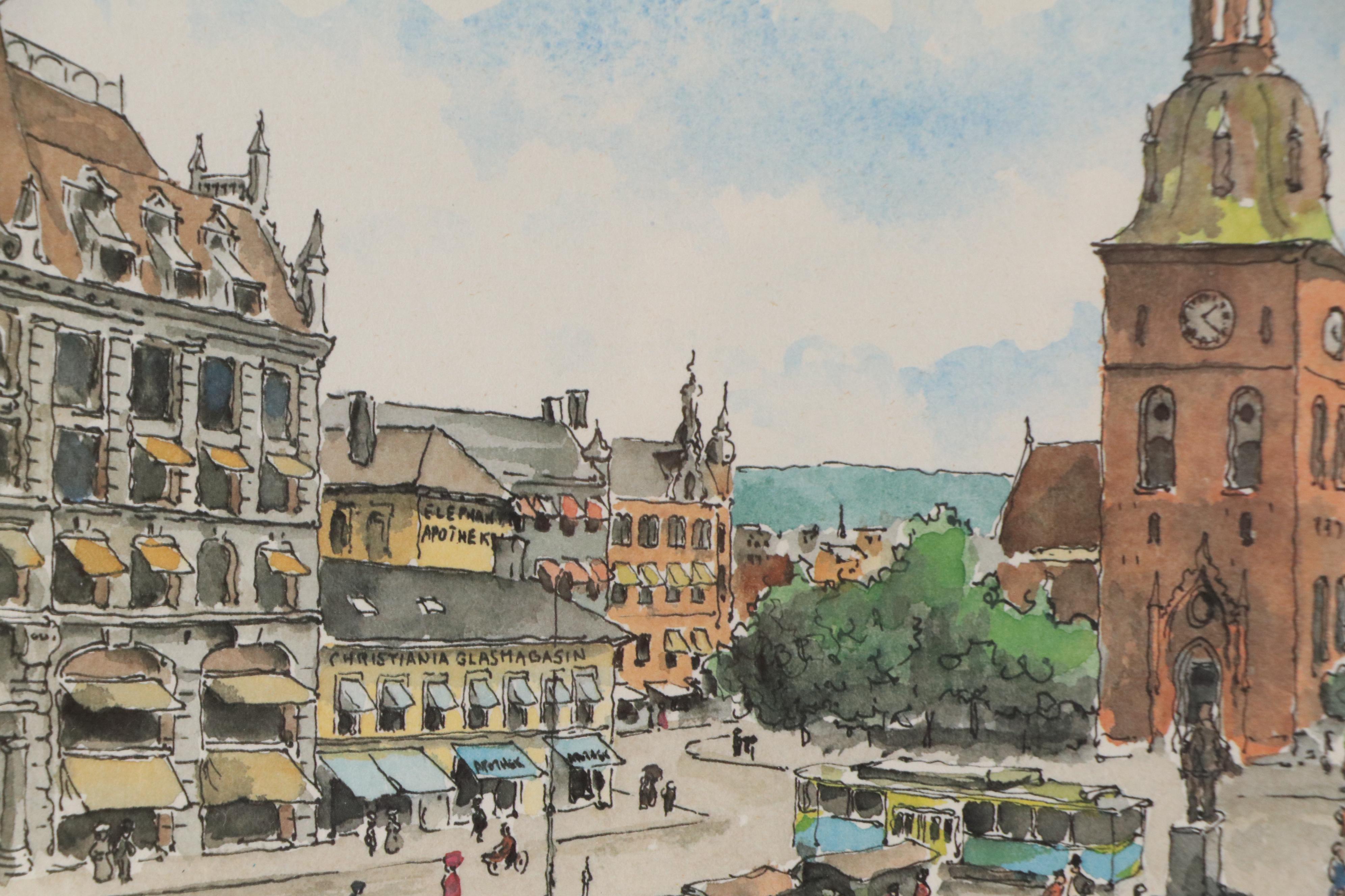 Norwegian City Plaza Scene Offset Lithograph "Stortorvet"
