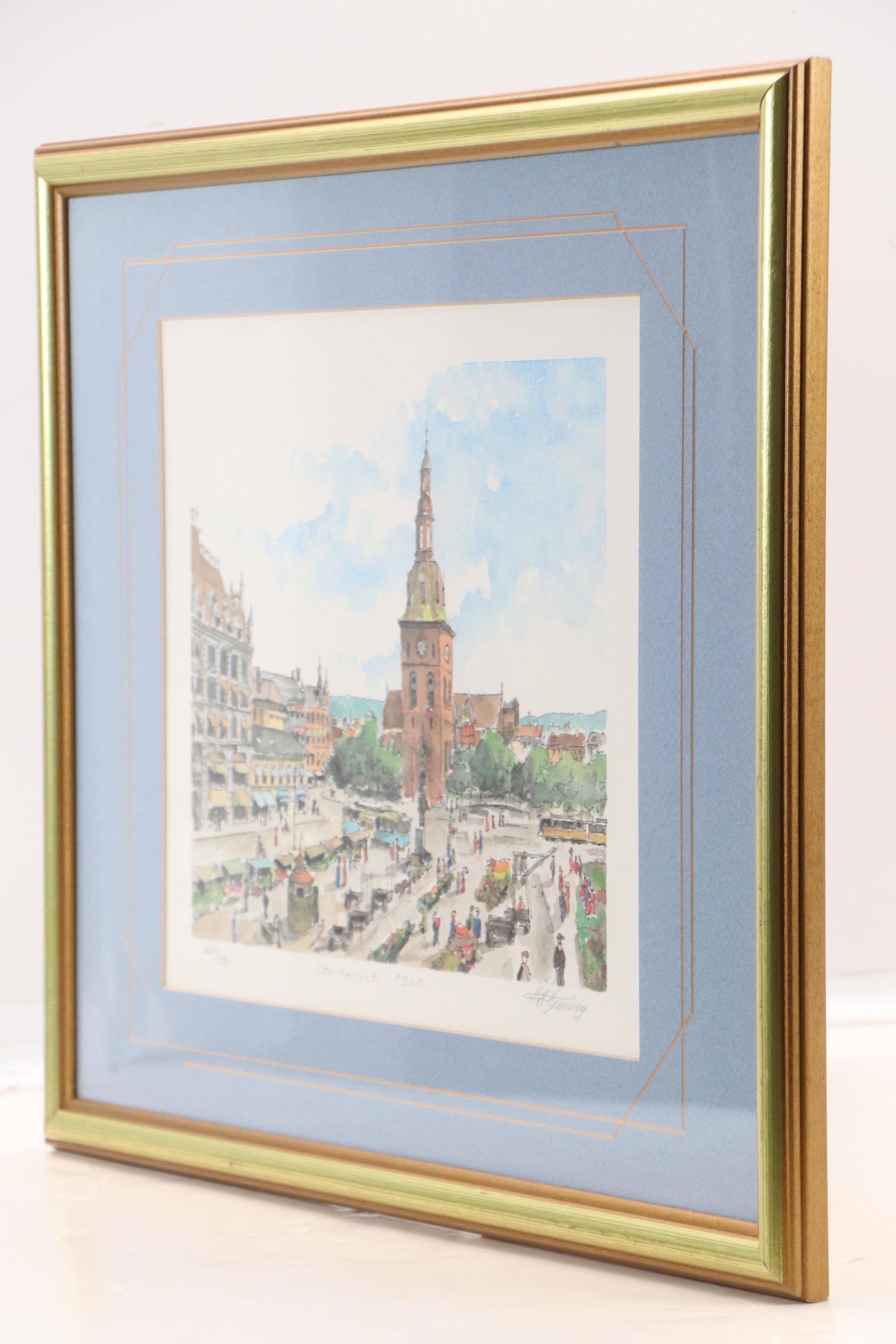 Norwegian City Plaza Scene Offset Lithograph "Stortorvet"