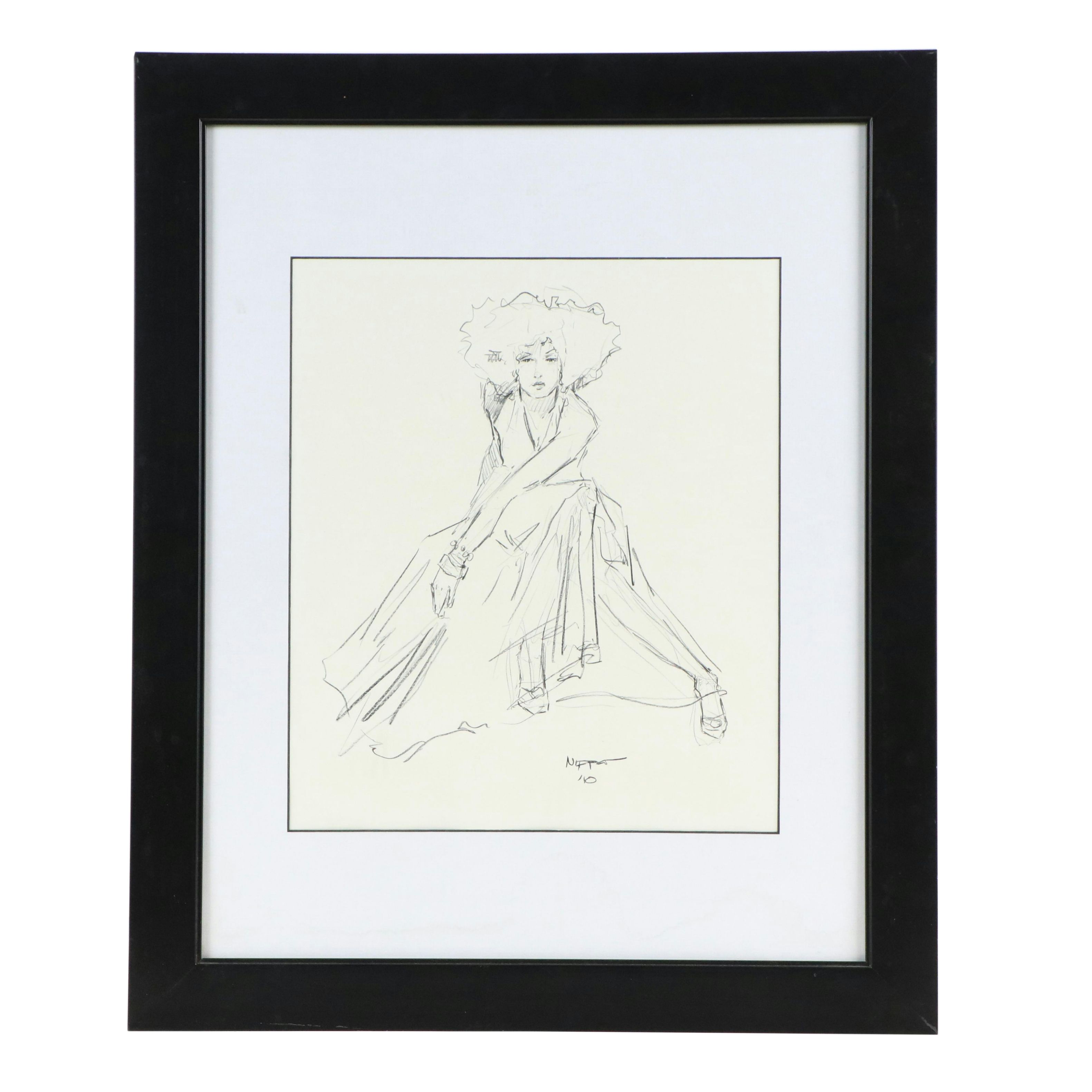 Gestural Figural Graphite Drawing of Seated Woman in Long Dress, 2010