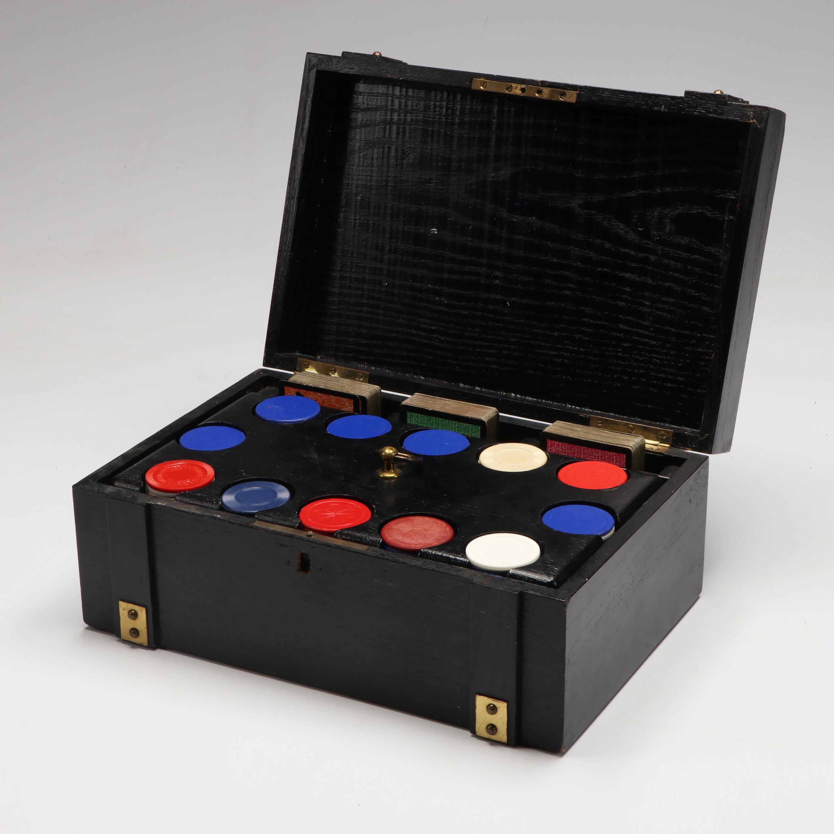 Ebonized Oak Poker Chip Caddy, Chips and Retro Playing Cards