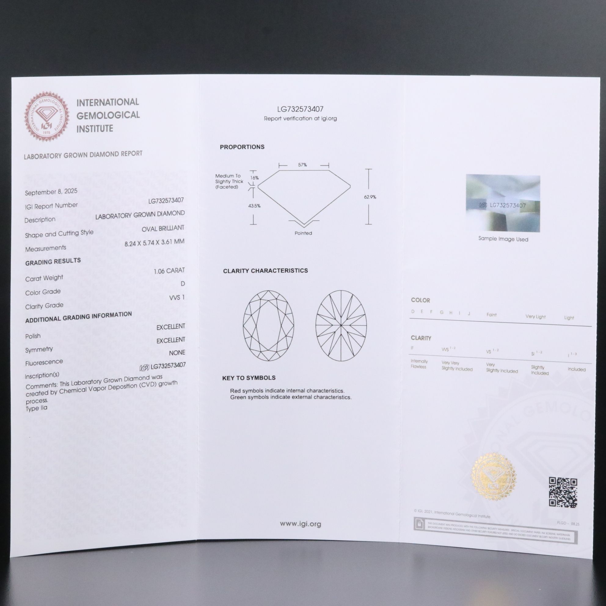 Loose 1.06 CT Lab Grown Diamond with IGI Report