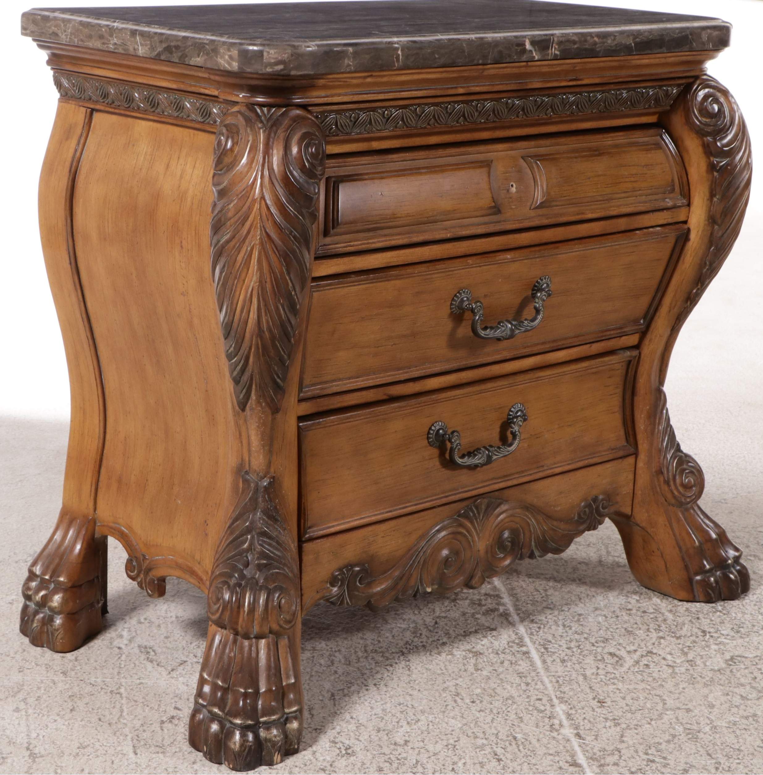 Pair of AICO by Michael Amini Baroque Style Marble Top Nightstands