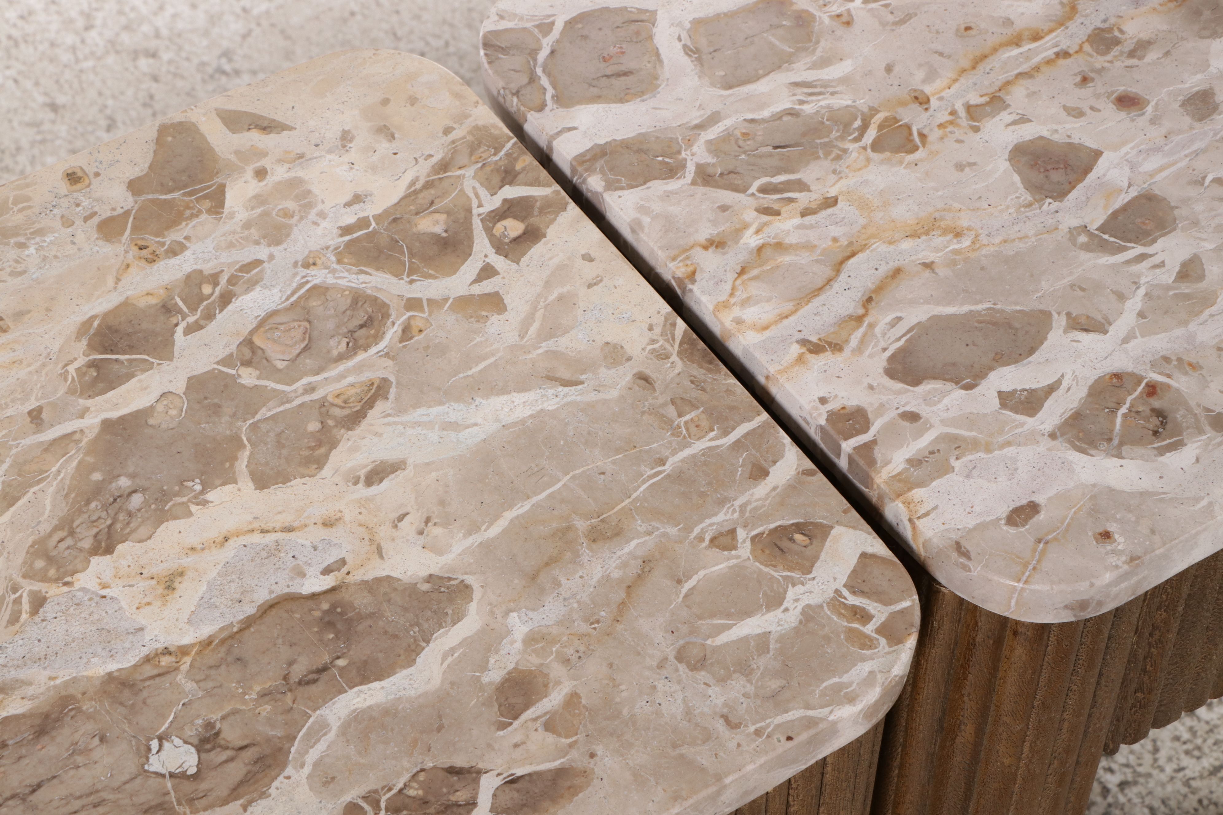 Pair of Contemporary Stone Top Reeded Wood End Tables