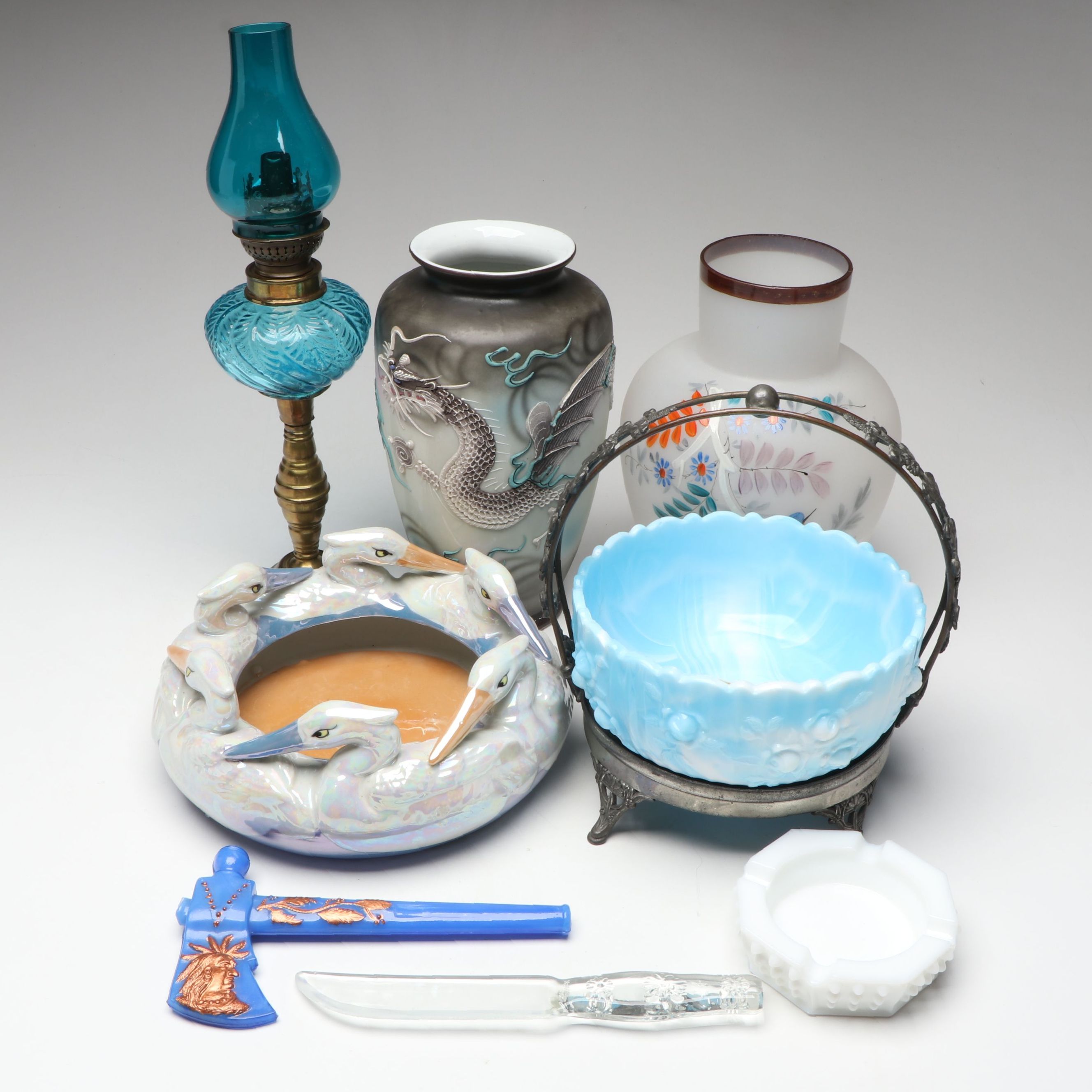 Japanese Porcelain Heron Bowl, Handpainted Vases, Brass Candlestick and More