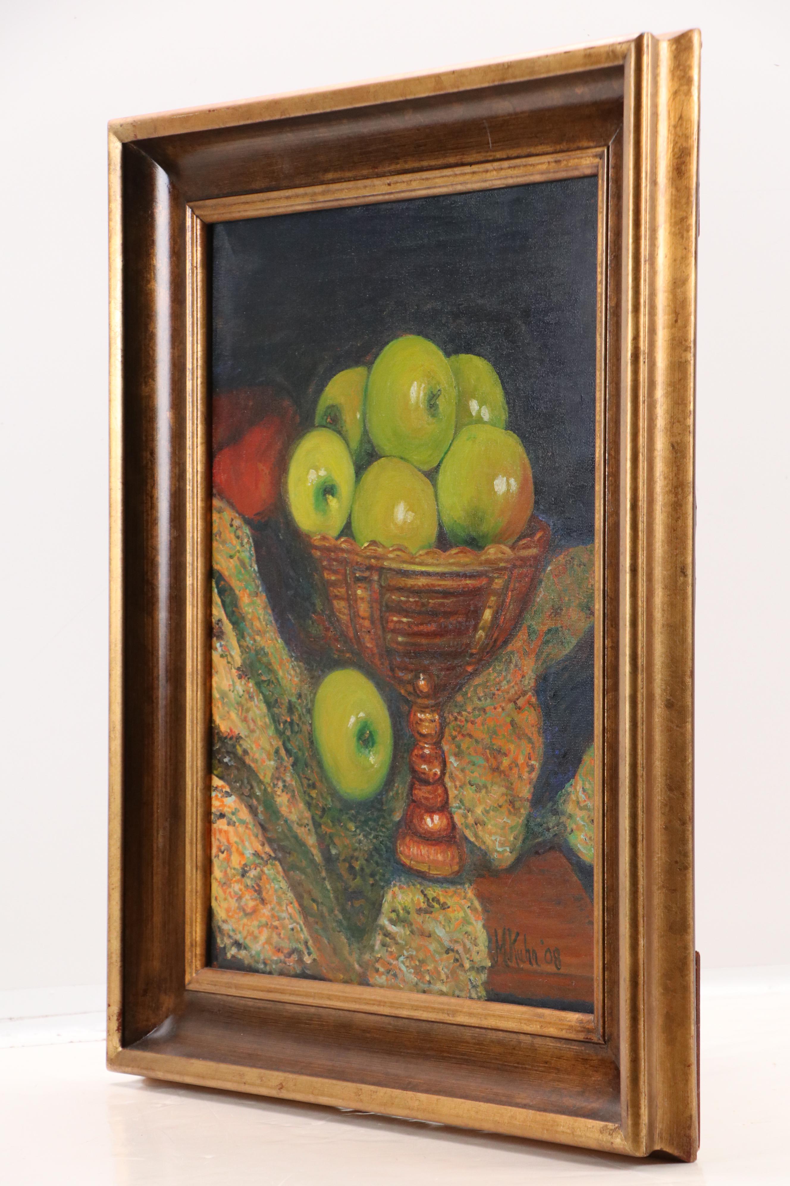 M. Kuhn Still Life Oil Painting of Green Apples, 2008