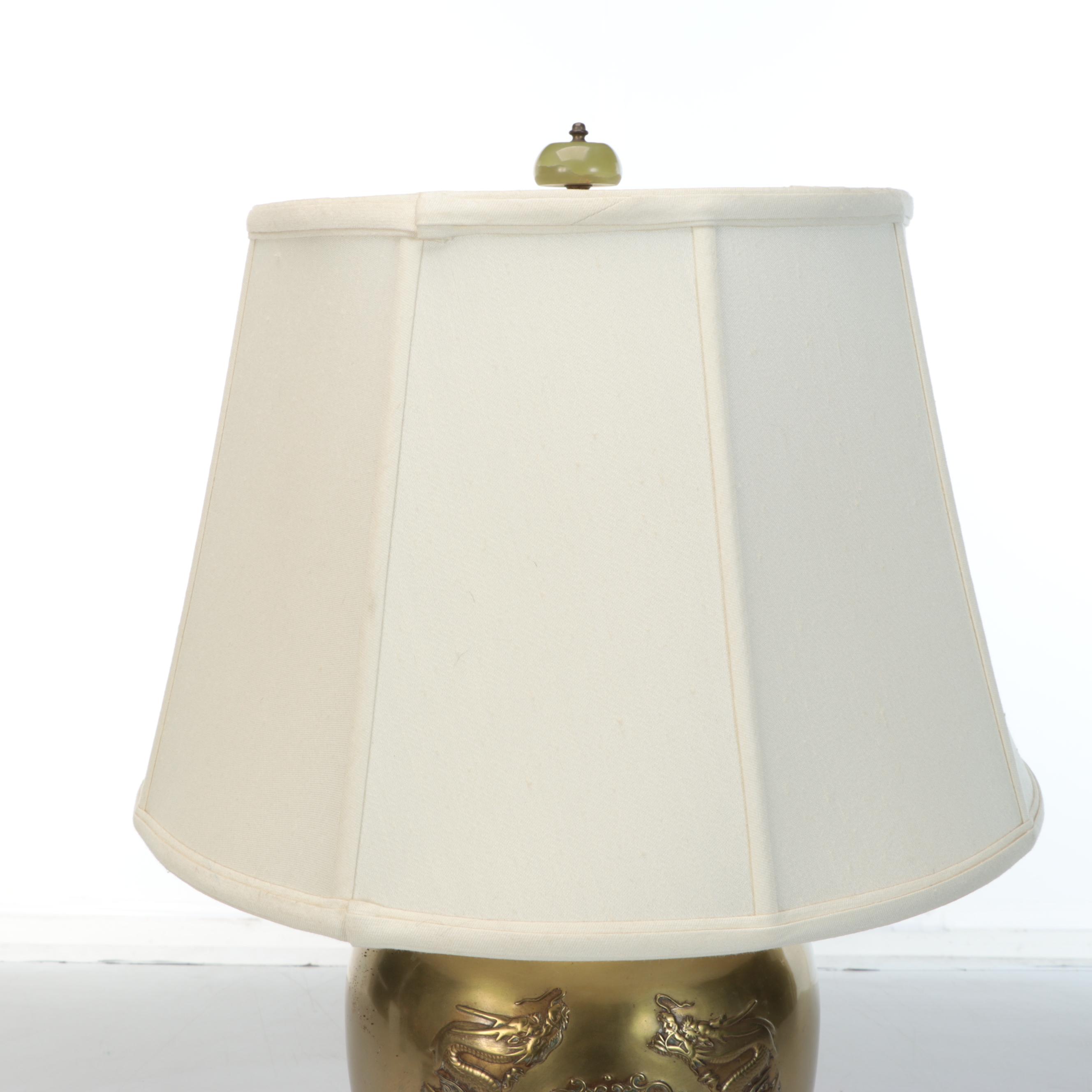 Bas-Relief Brass Two Dragons Table Lamp with Calcite Finial