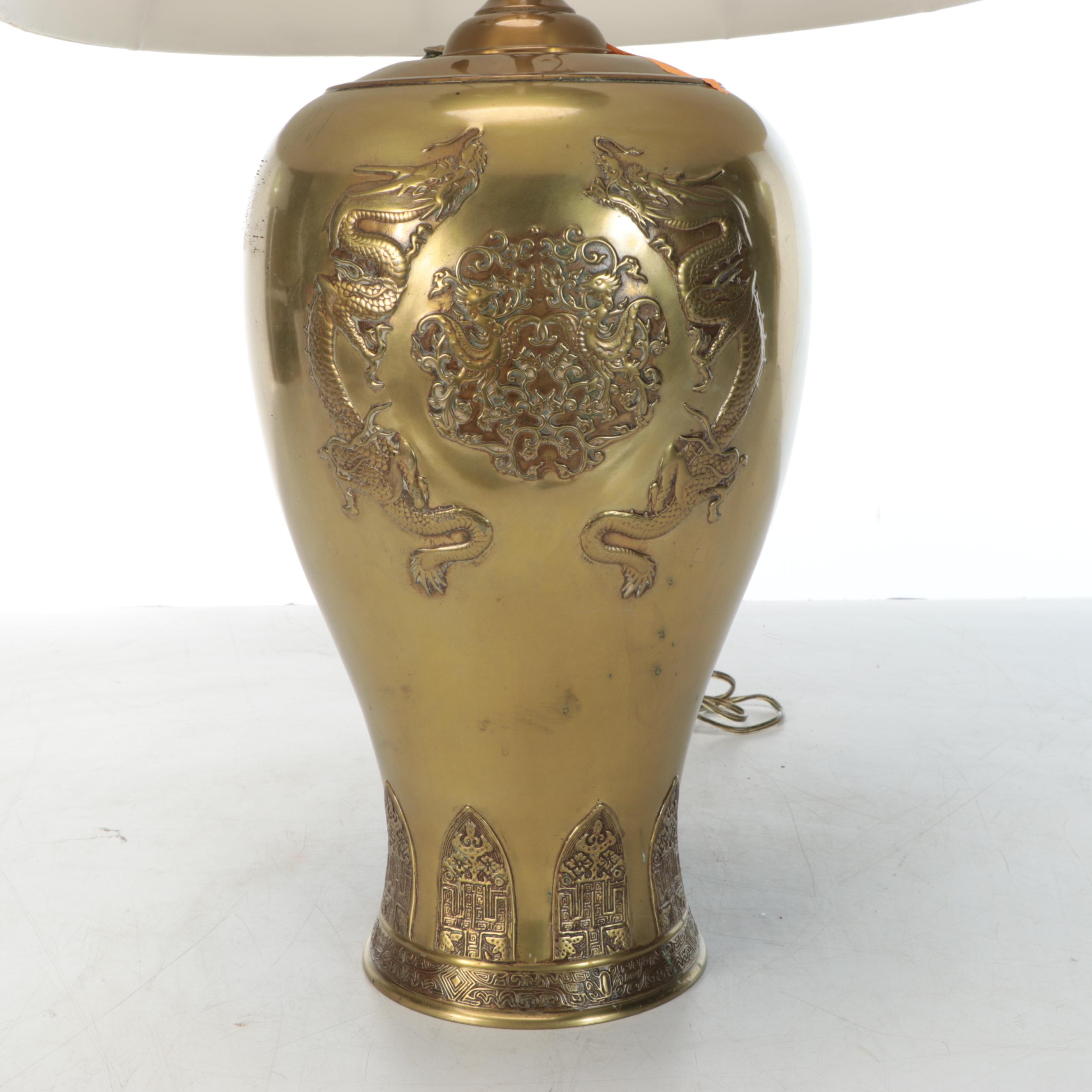 Bas-Relief Brass Two Dragons Table Lamp with Calcite Finial