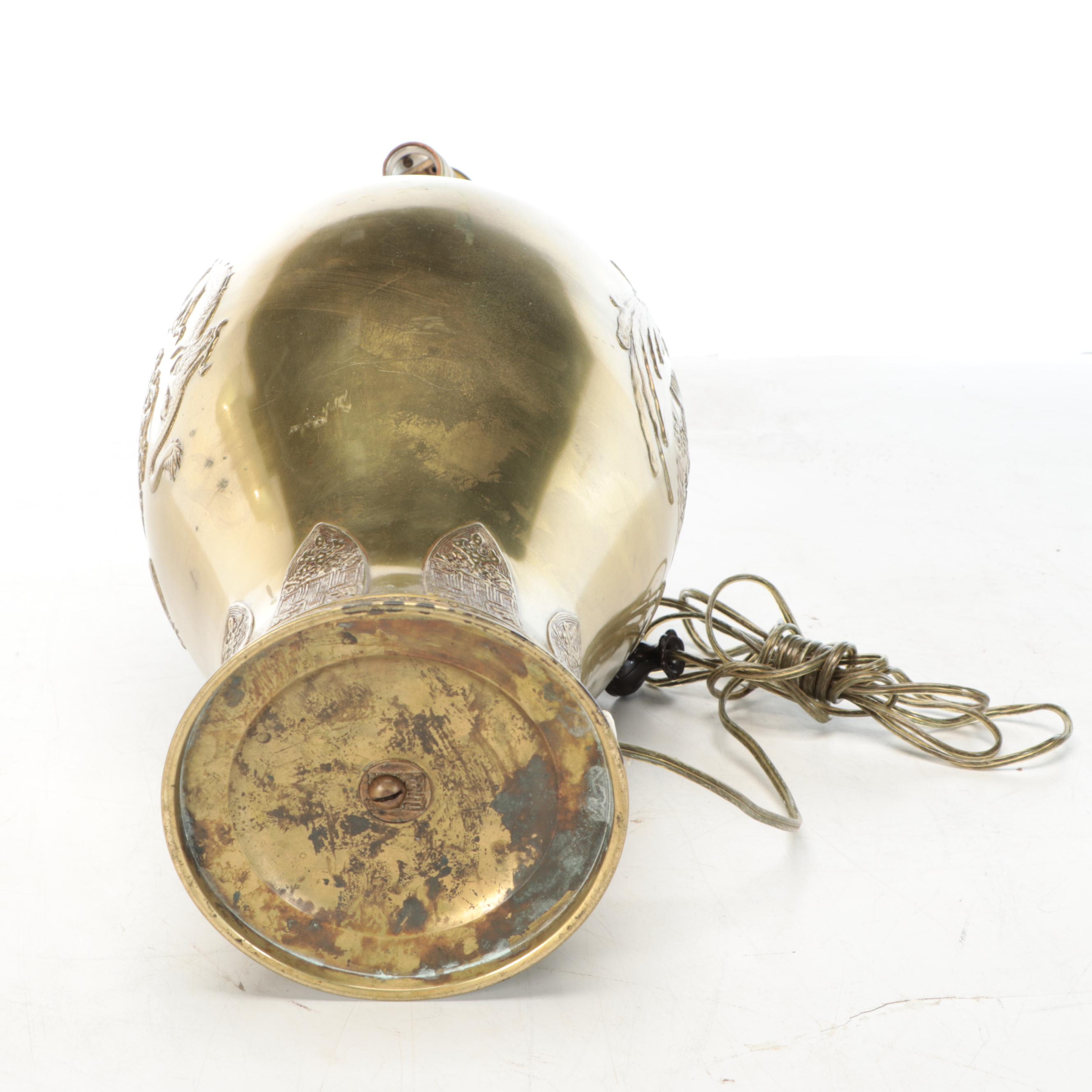 Bas-Relief Brass Two Dragons Table Lamp with Calcite Finial