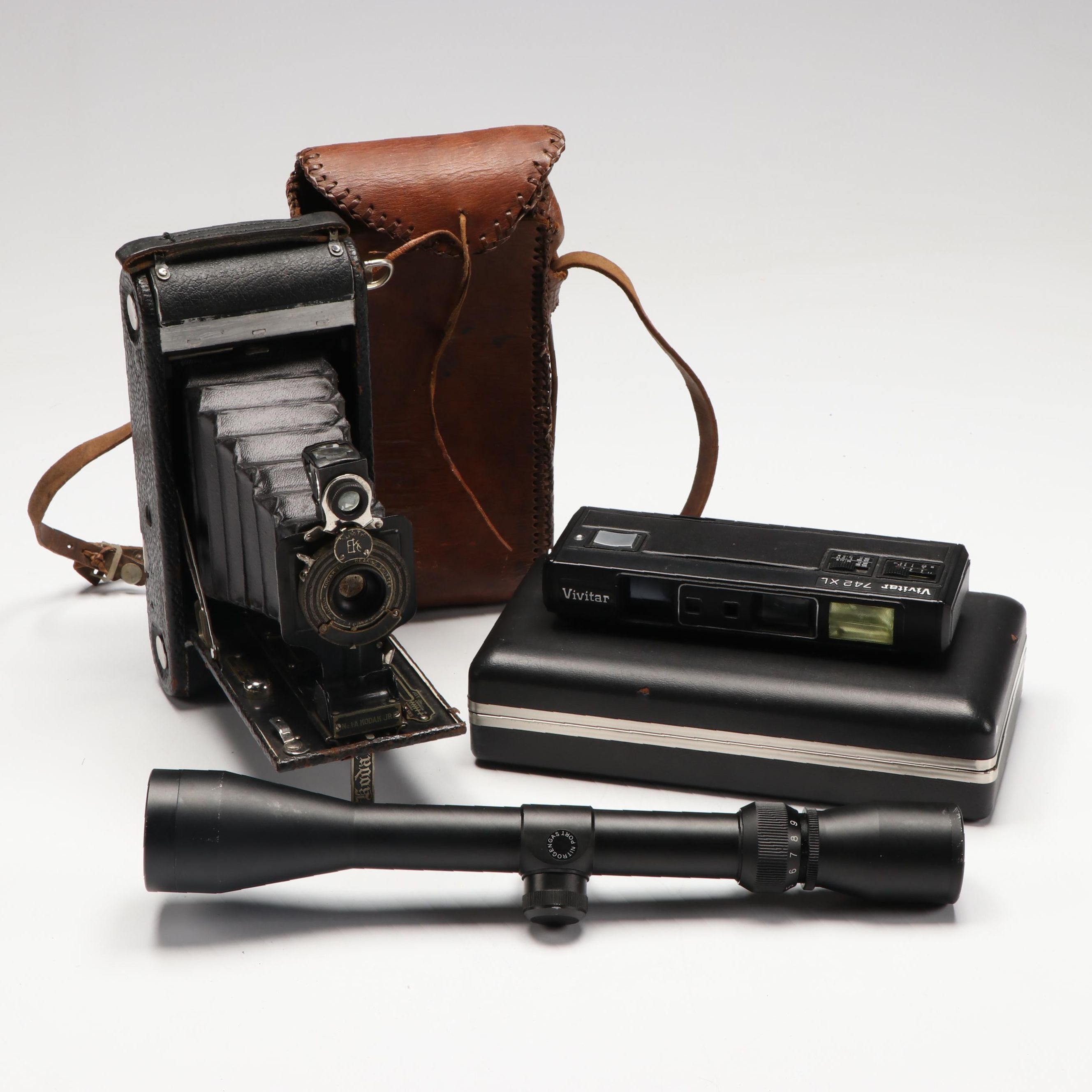 Kodak No.1 Autographic Folding Camera, Vivitar Point and Shoot, and Rifle Scope