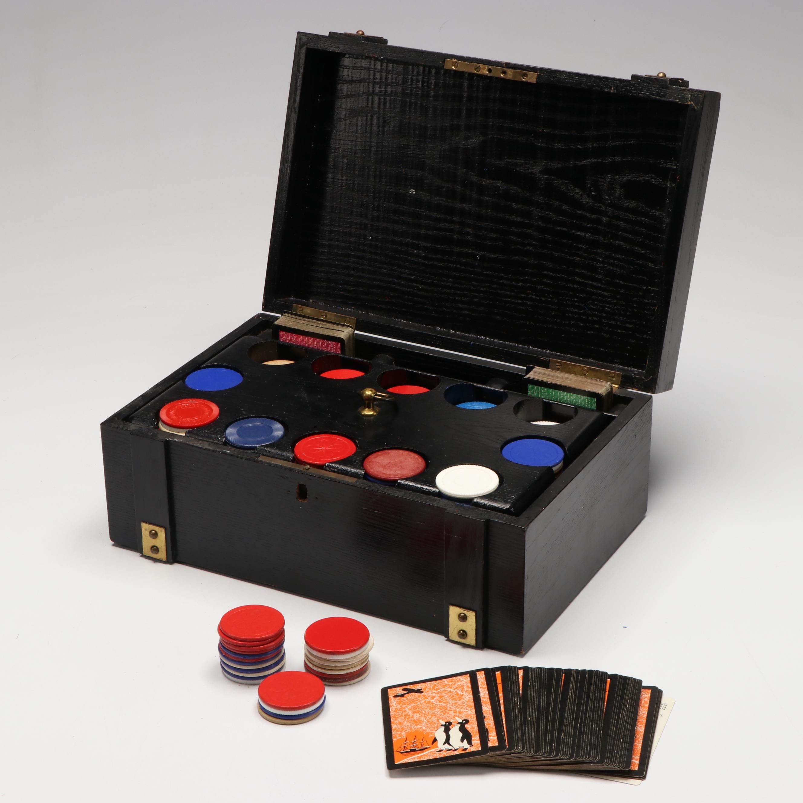 Ebonized Oak Poker Chip Caddy, Chips and Retro Playing Cards