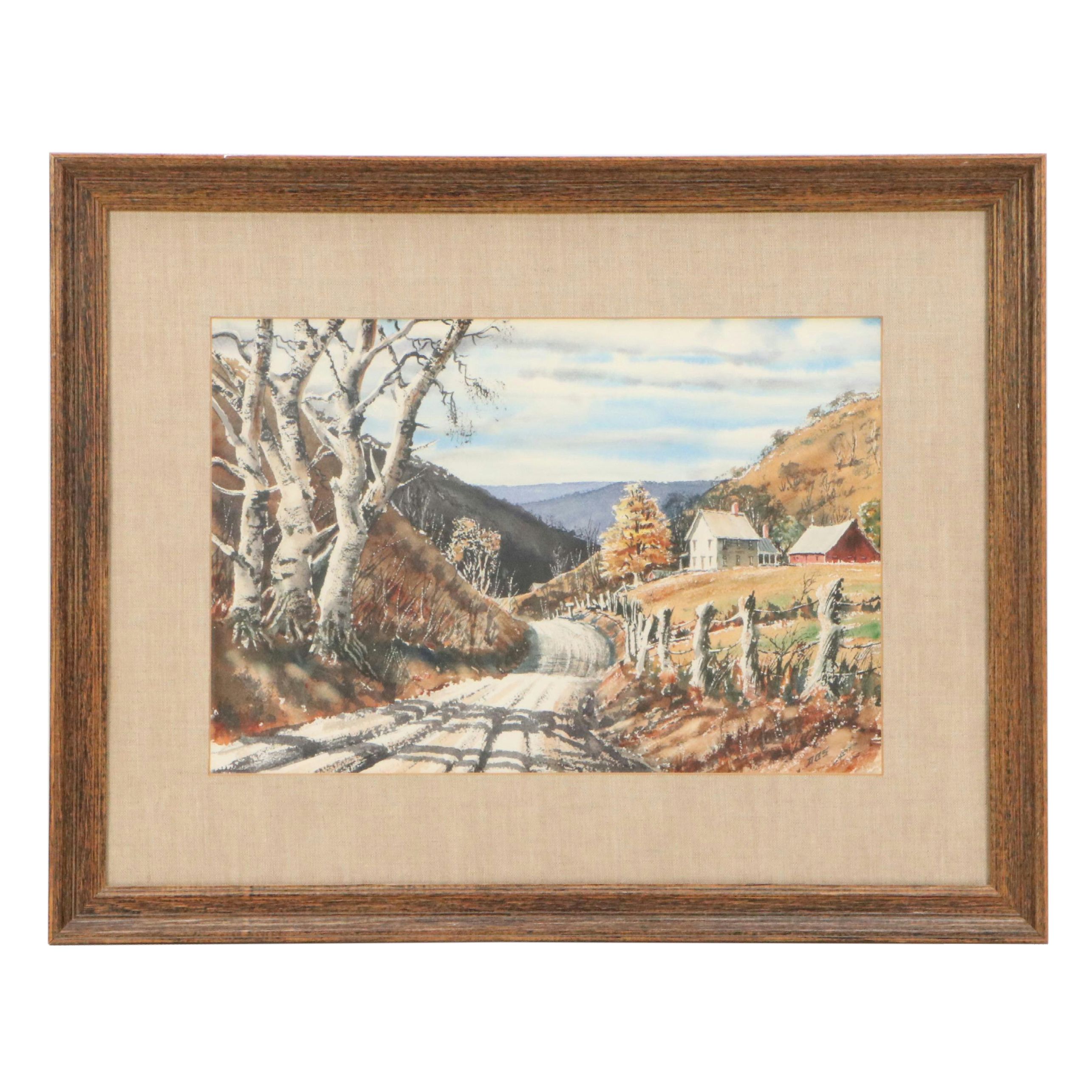Rural Landscape Watercolor Painting, Circa 1970