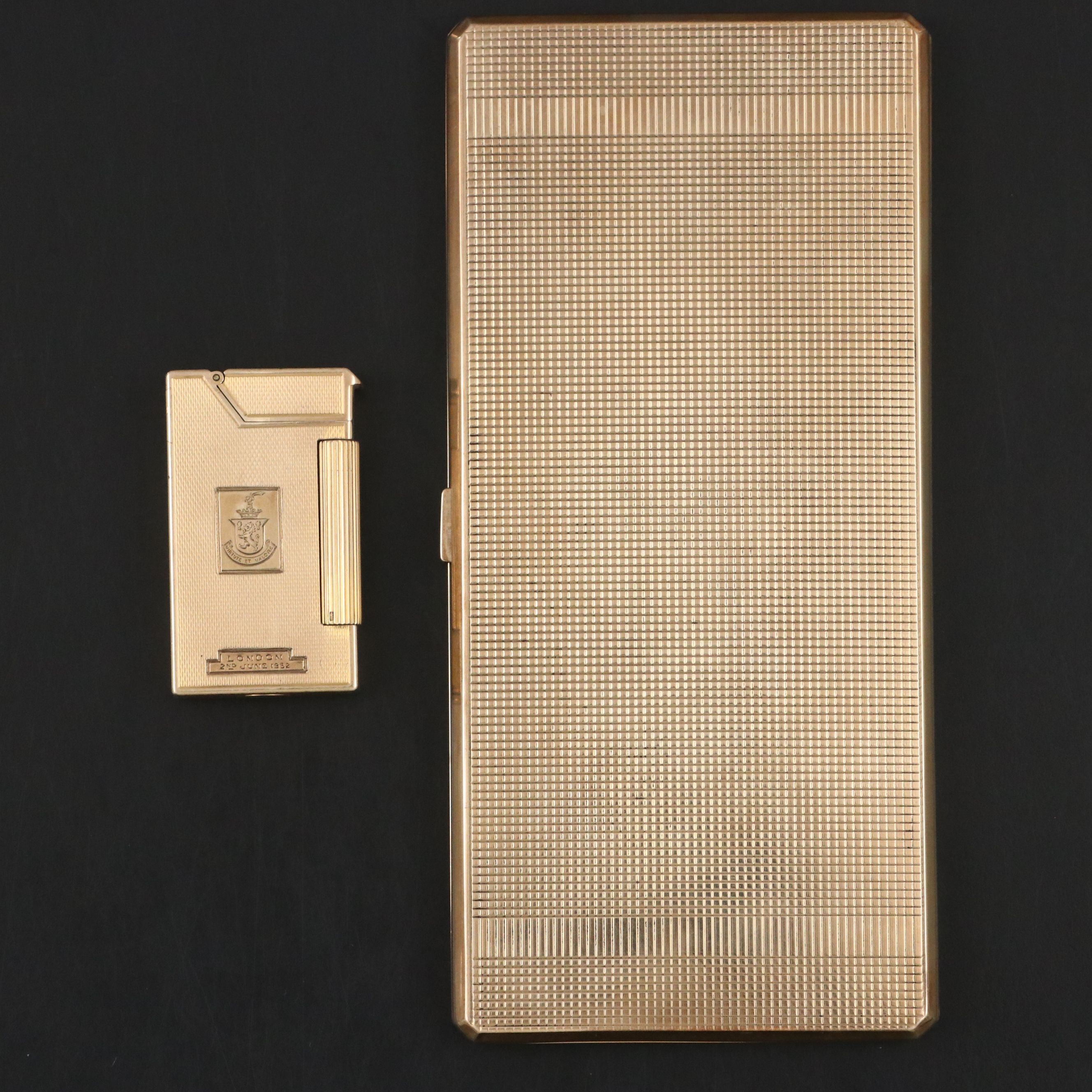 English 9K Gold Cigarette Case and Lighter with Personalized Dedication