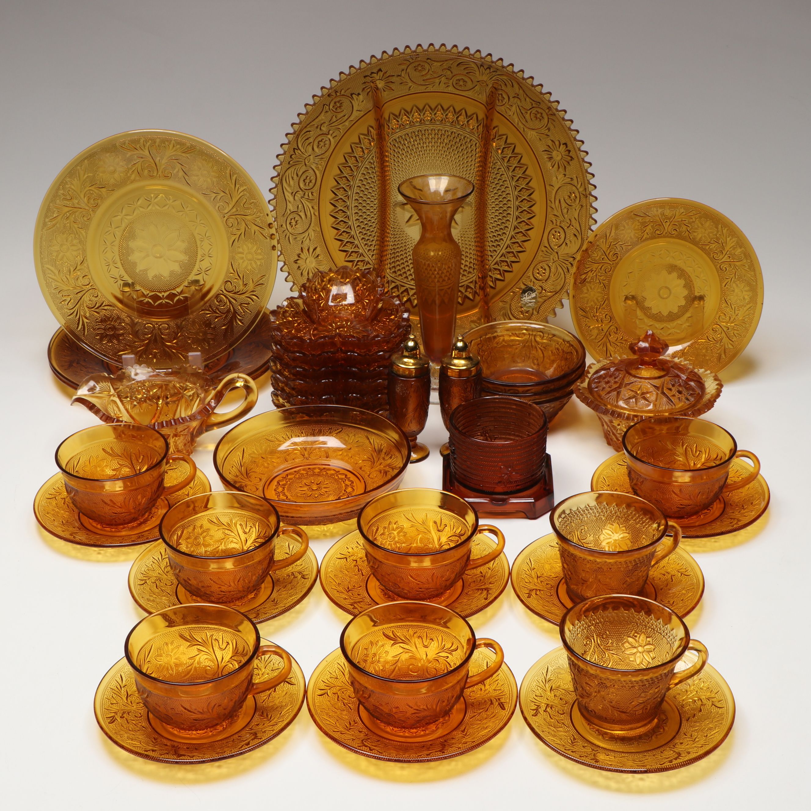 Tiara and Indiana Glass "Sandwich Amber" and More Pressed Glass Tableware