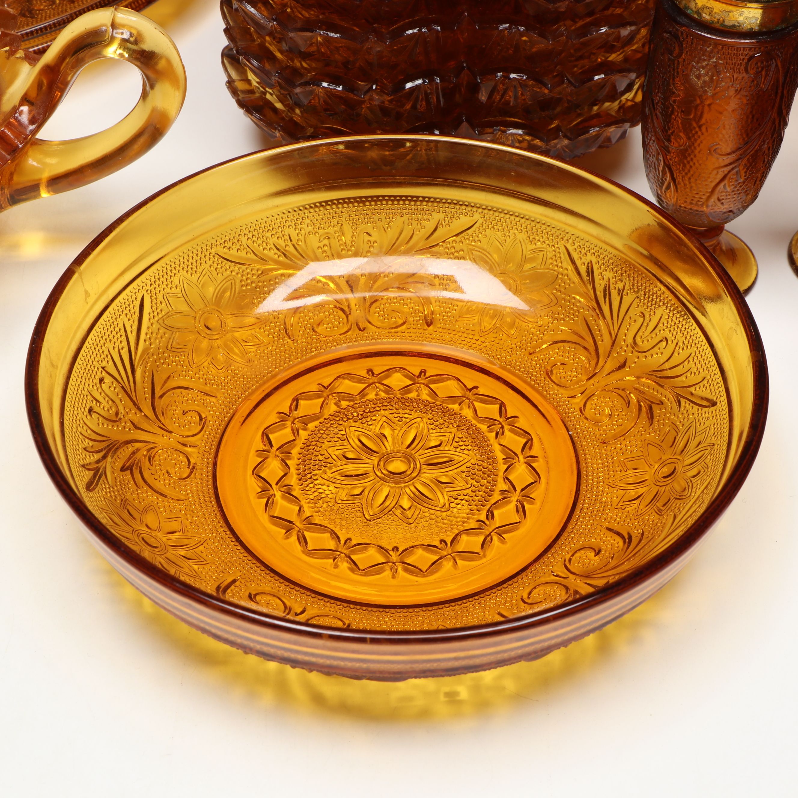 Tiara and Indiana Glass "Sandwich Amber" and More Pressed Glass Tableware