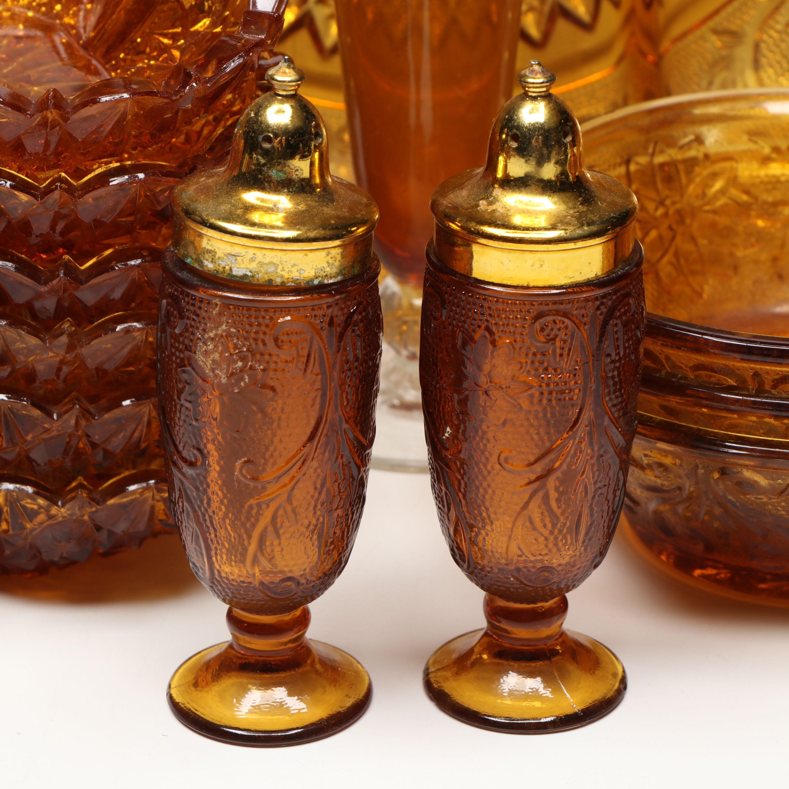 Tiara and Indiana Glass "Sandwich Amber" and More Pressed Glass Tableware