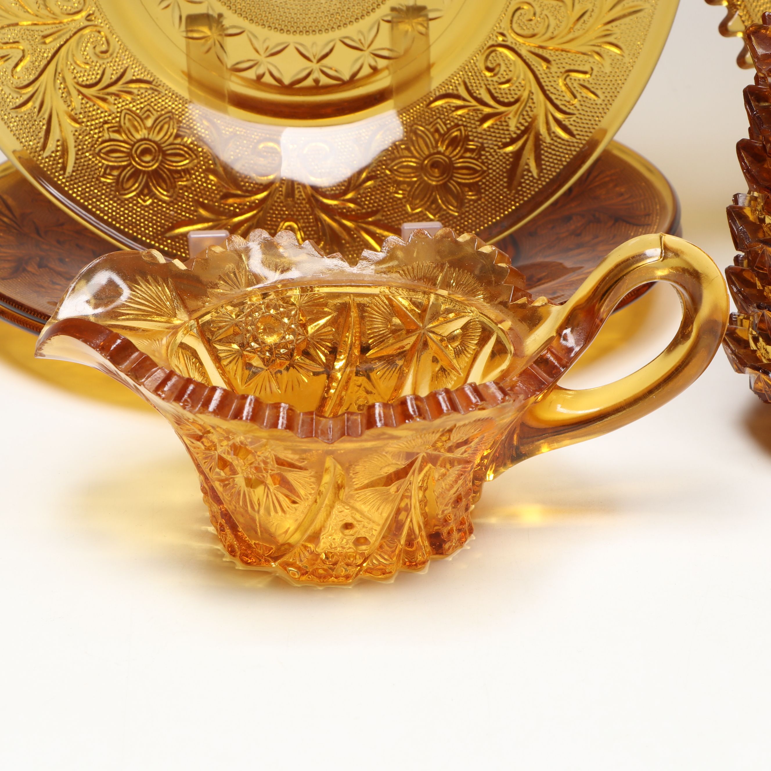 Tiara and Indiana Glass "Sandwich Amber" and More Pressed Glass Tableware