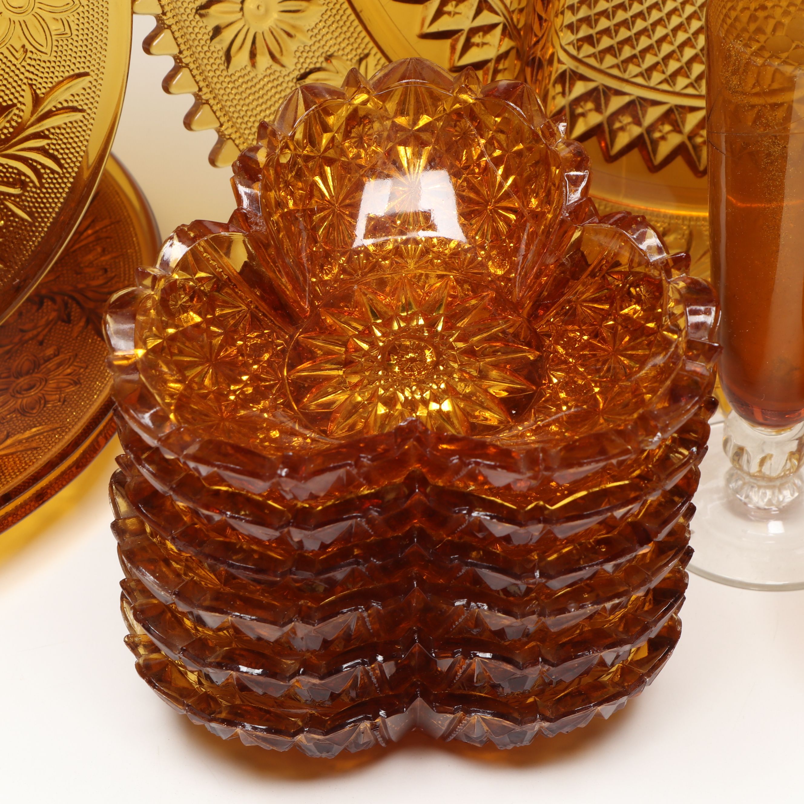 Tiara and Indiana Glass "Sandwich Amber" and More Pressed Glass Tableware