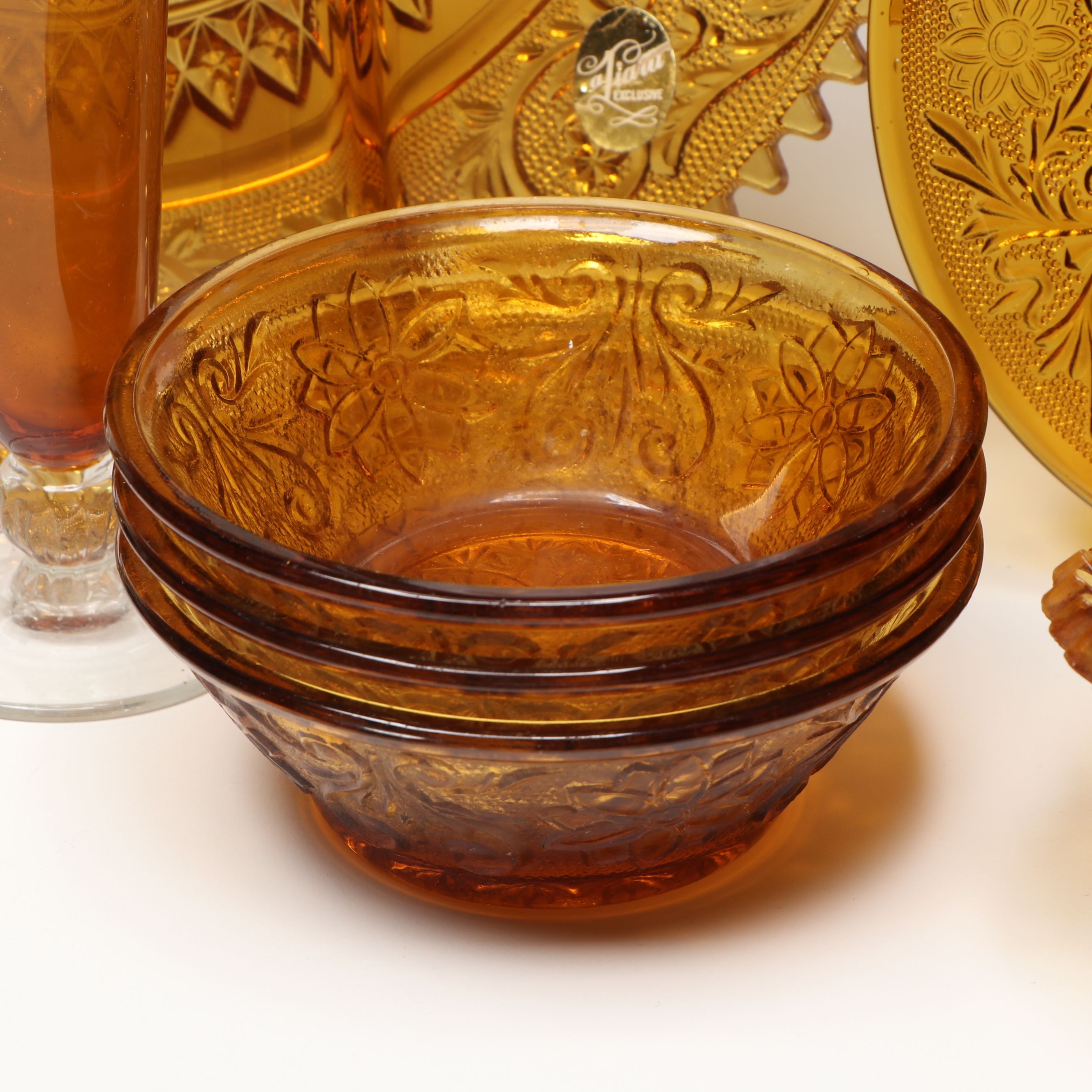 Tiara and Indiana Glass "Sandwich Amber" and More Pressed Glass Tableware